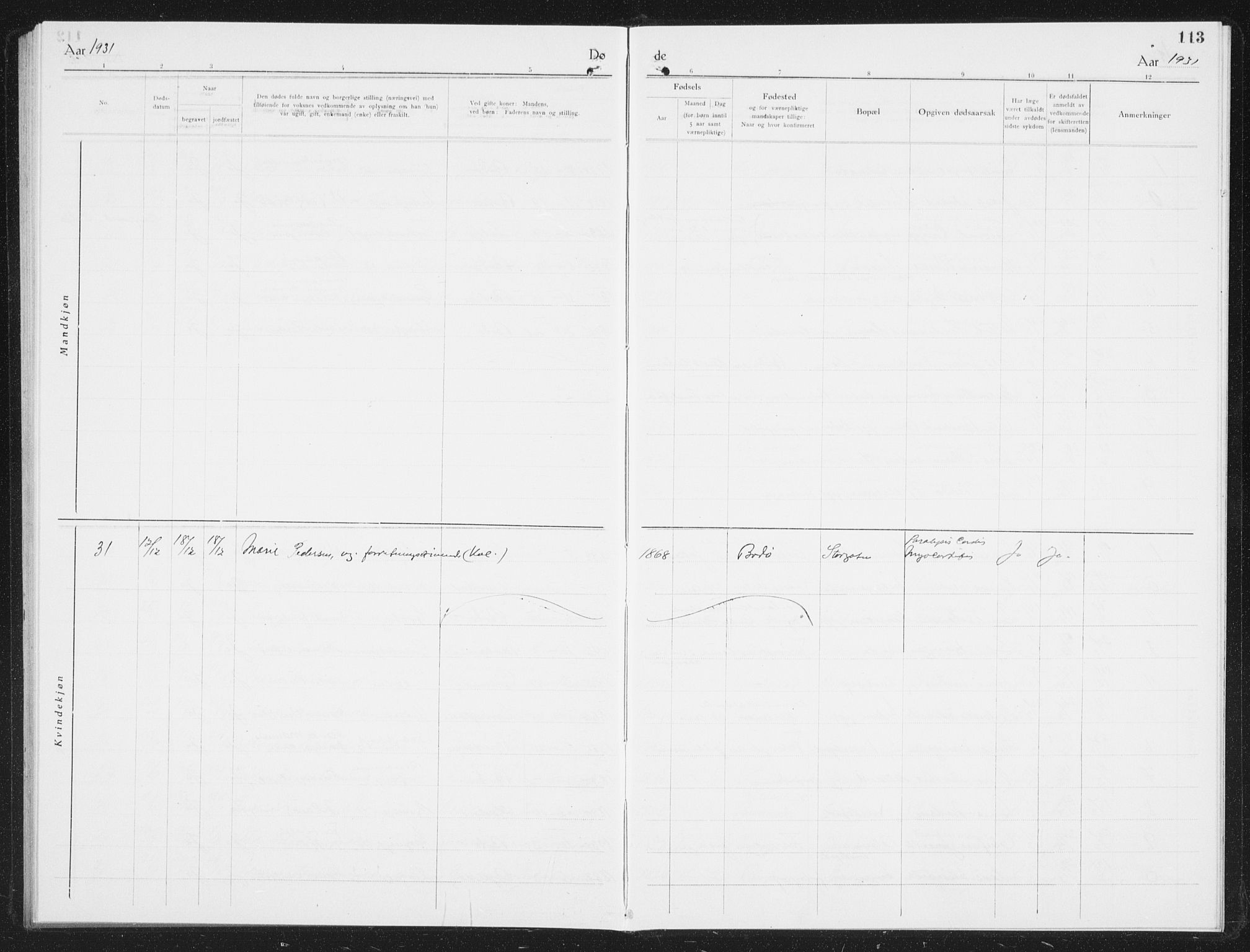 Ministerialprotokoller, klokkerbøker og fødselsregistre - Nordland, AV/SAT-A-1459/801/L0036: Parish register (copy) no. 801C11, 1920-1934, p. 113