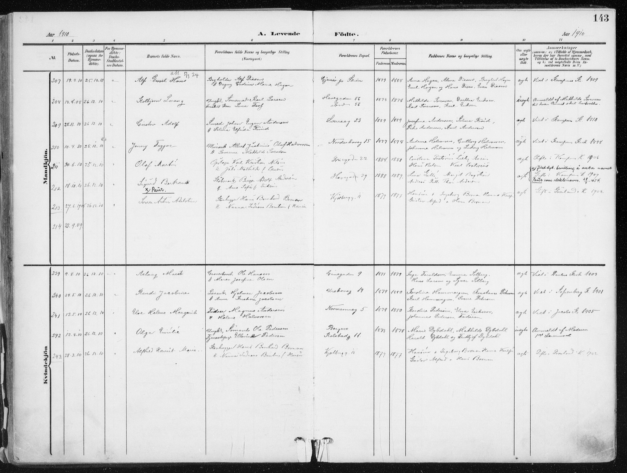Kampen prestekontor Kirkebøker, SAO/A-10853/F/Fa/L0010: Parish register (official) no. I 10, 1905-1917, p. 143