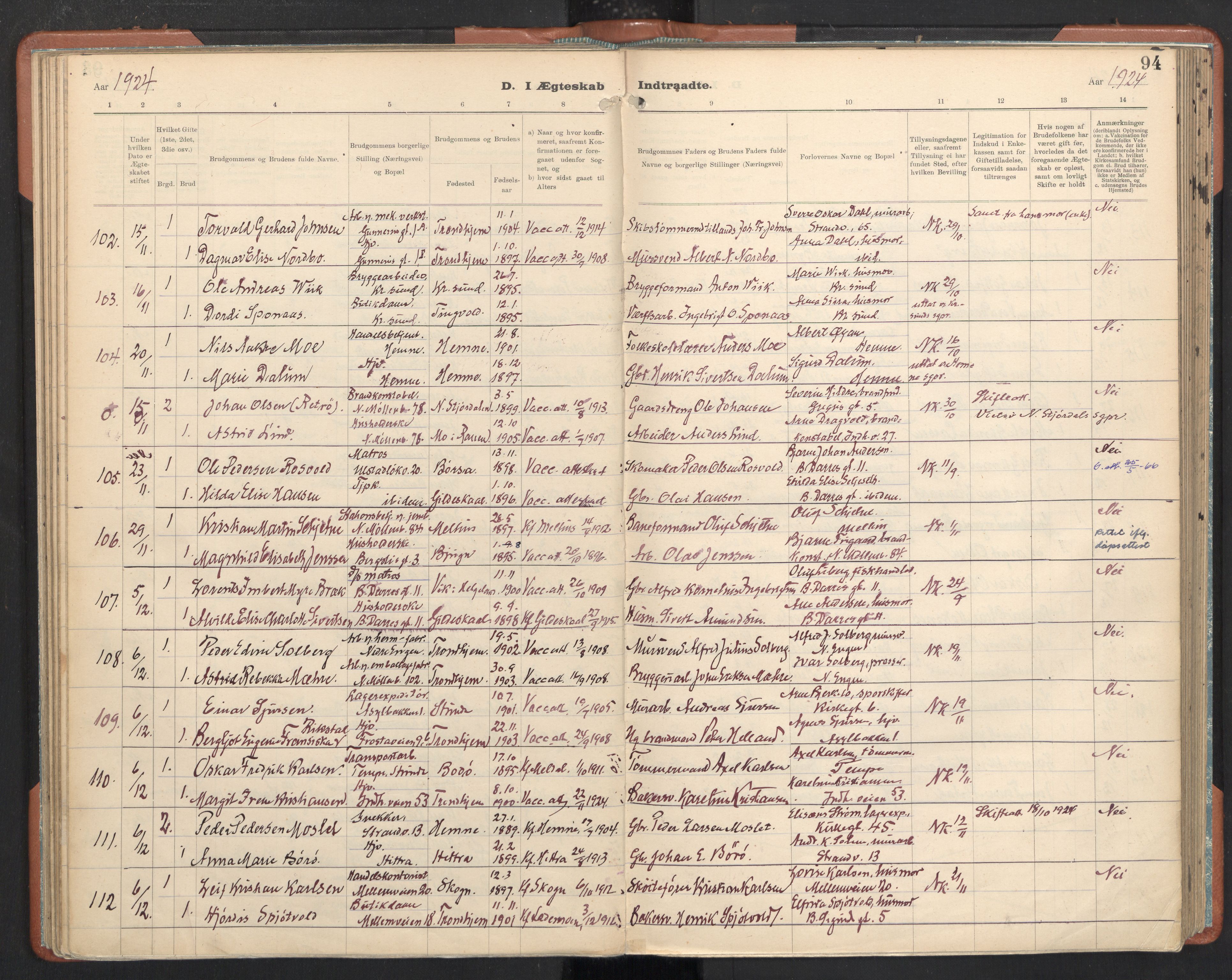 Ministerialprotokoller, klokkerbøker og fødselsregistre - Sør-Trøndelag, SAT/A-1456/605/L0245: Parish register (official) no. 605A07, 1916-1938, p. 94
