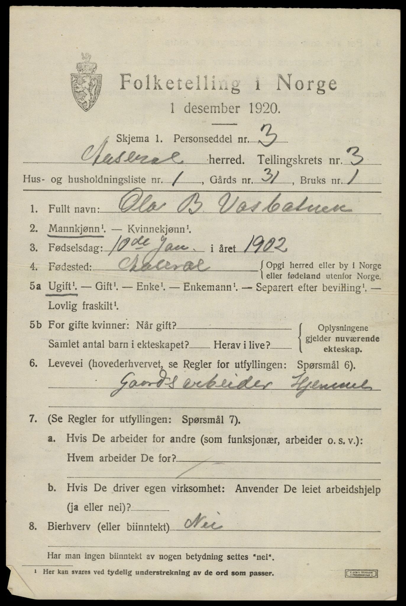 SAK, 1920 census for Åseral, 1920, p. 1000