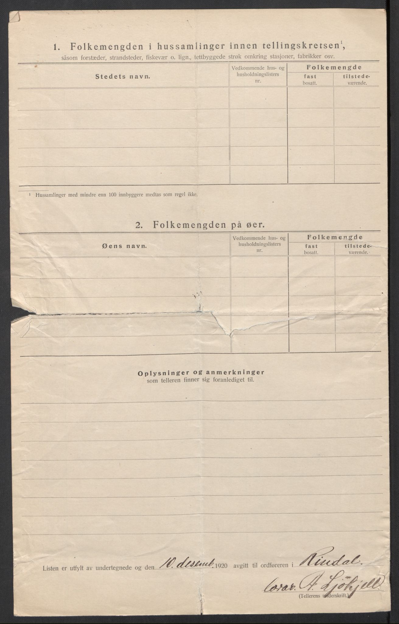 SAT, 1920 census for Rindal, 1920, p. 20