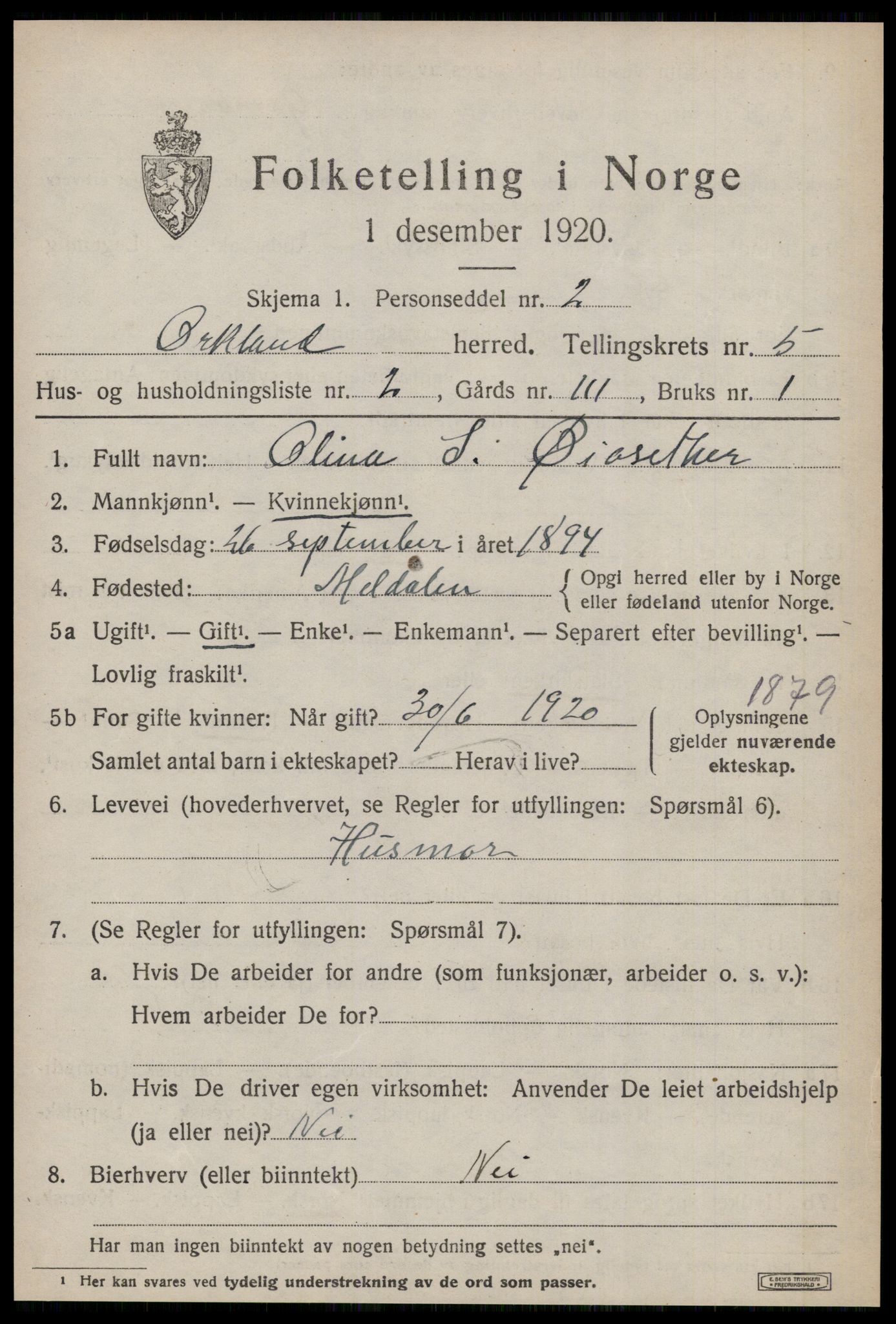 SAT, 1920 census for Orkland, 1920, p. 4032