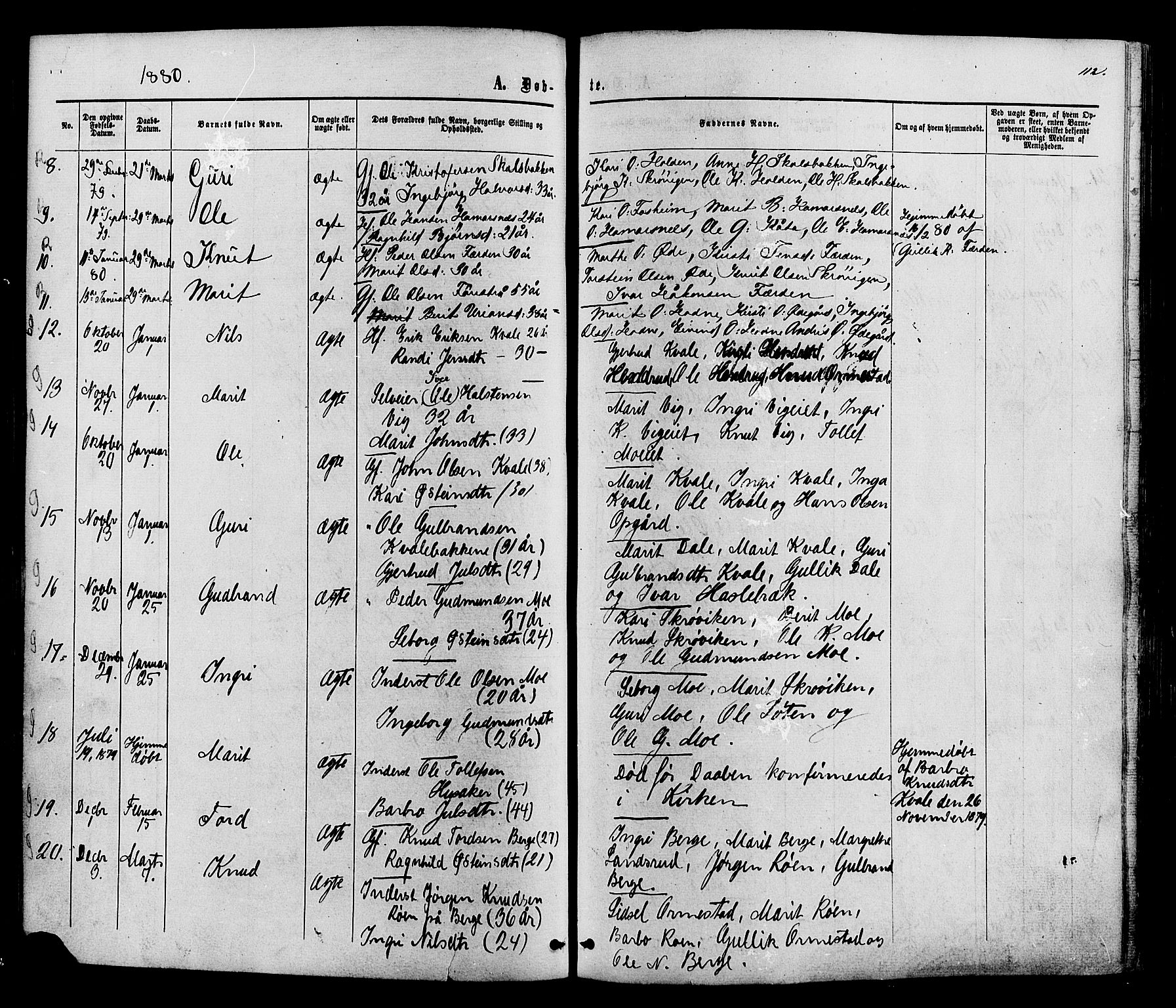 Vestre Slidre prestekontor, SAH/PREST-136/H/Ha/Haa/L0003: Parish register (official) no. 3, 1865-1880, p. 112
