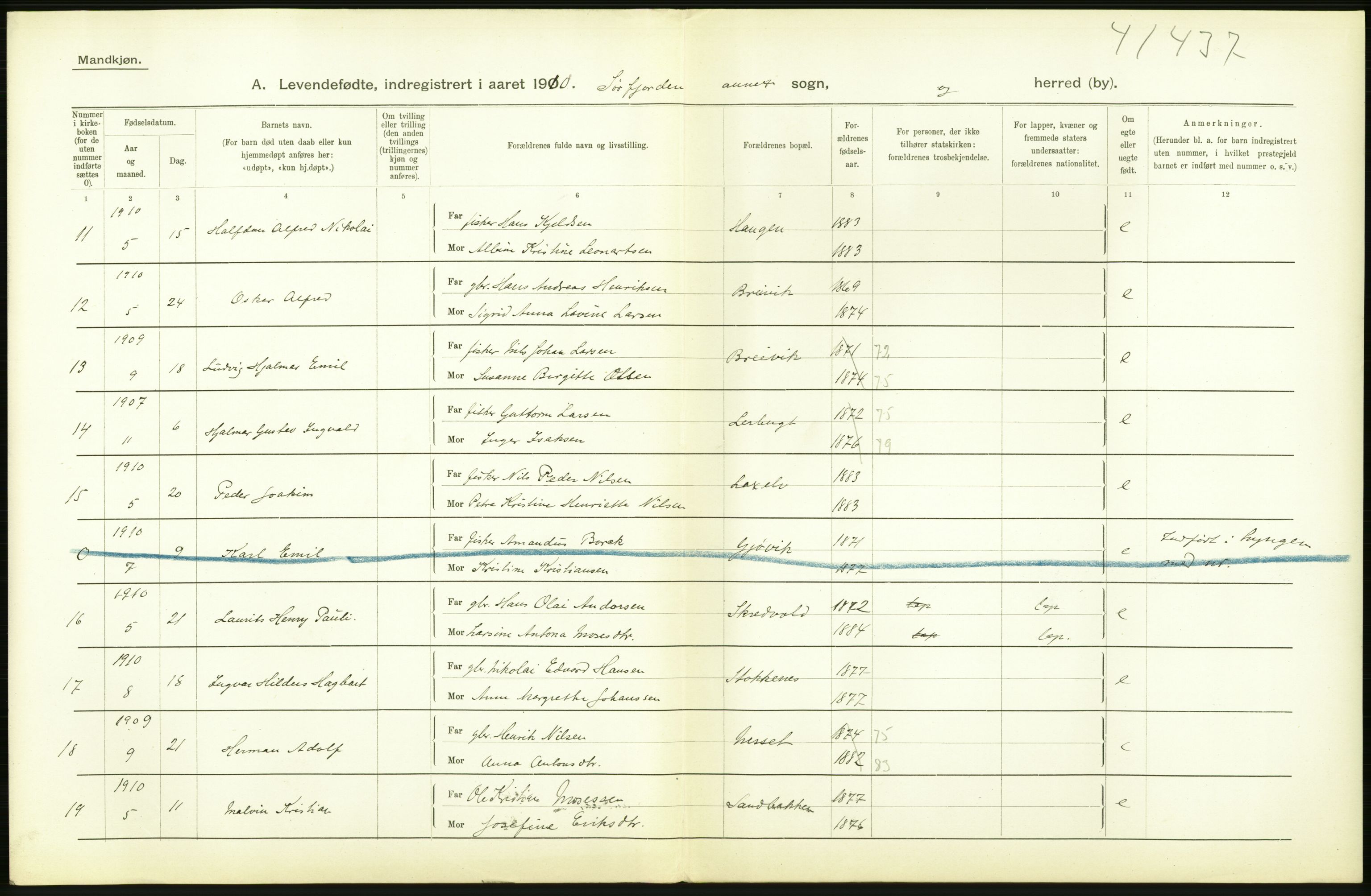 Statistisk sentralbyrå, Sosiodemografiske emner, Befolkning, AV/RA-S-2228/D/Df/Dfa/Dfah/L0043: Tromsø amt: Levendefødte menn og kvinner. Bygder og byer., 1910, p. 22