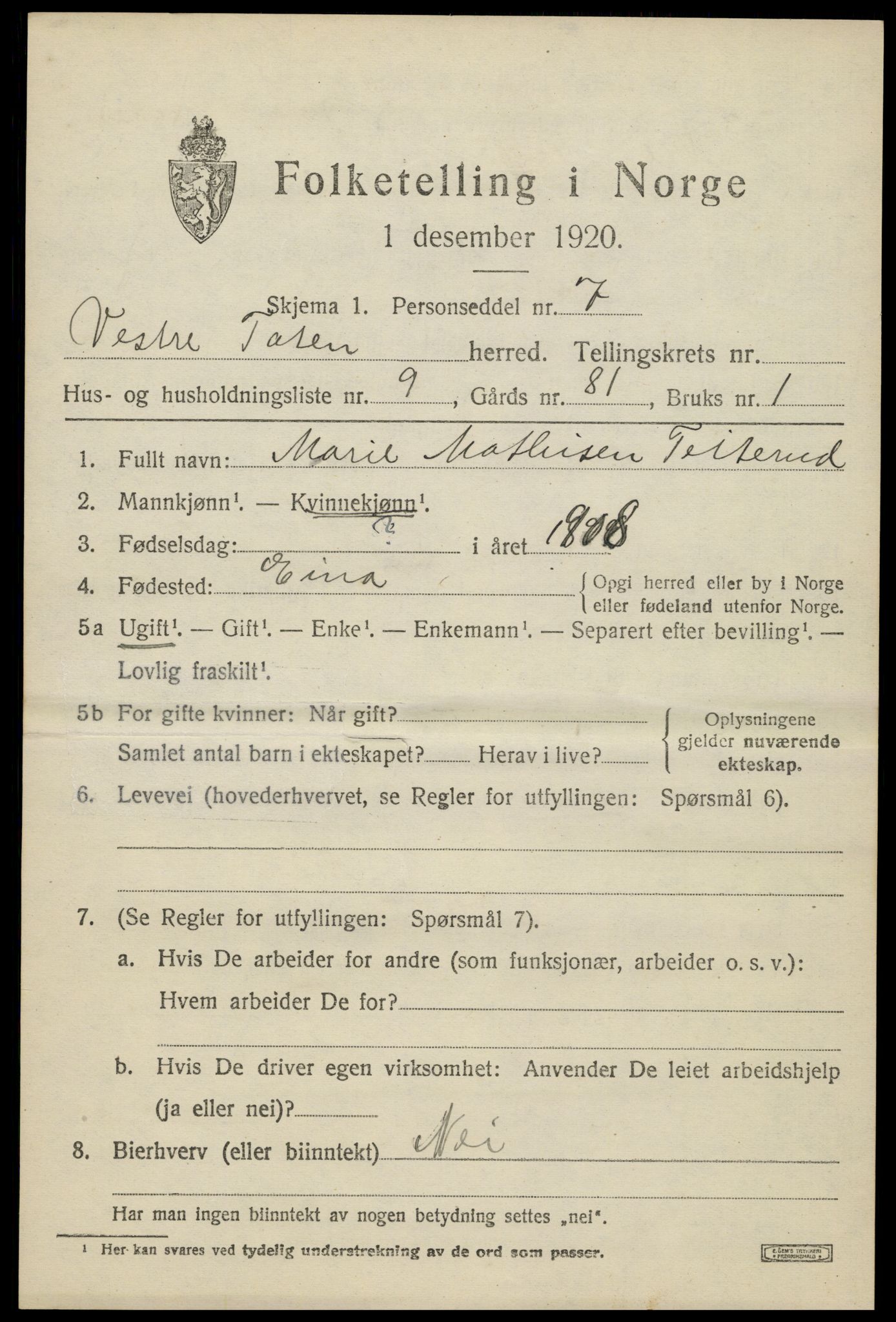 SAH, 1920 census for Vestre Toten, 1920, p. 7410