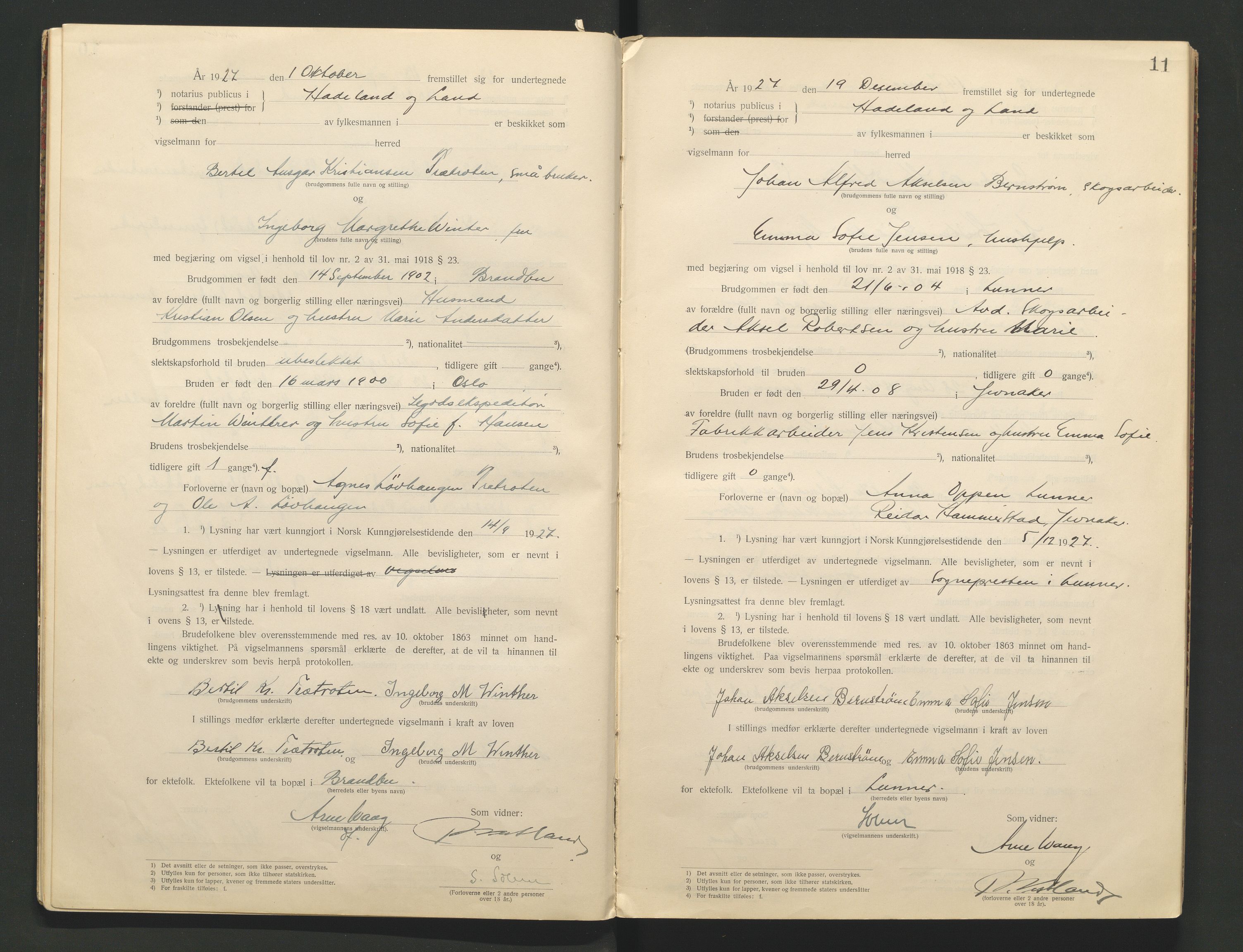 Hadeland og Land tingrett, AV/SAH-TING-010/L/Lb/L0001: Vigselbok, 1920-1943, p. 11
