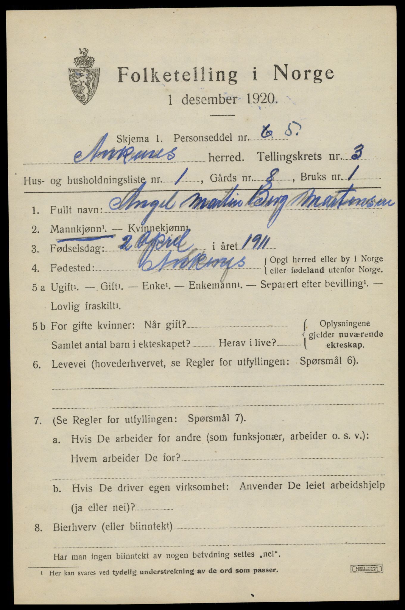 SAT, 1920 census for Ankenes, 1920, p. 1709