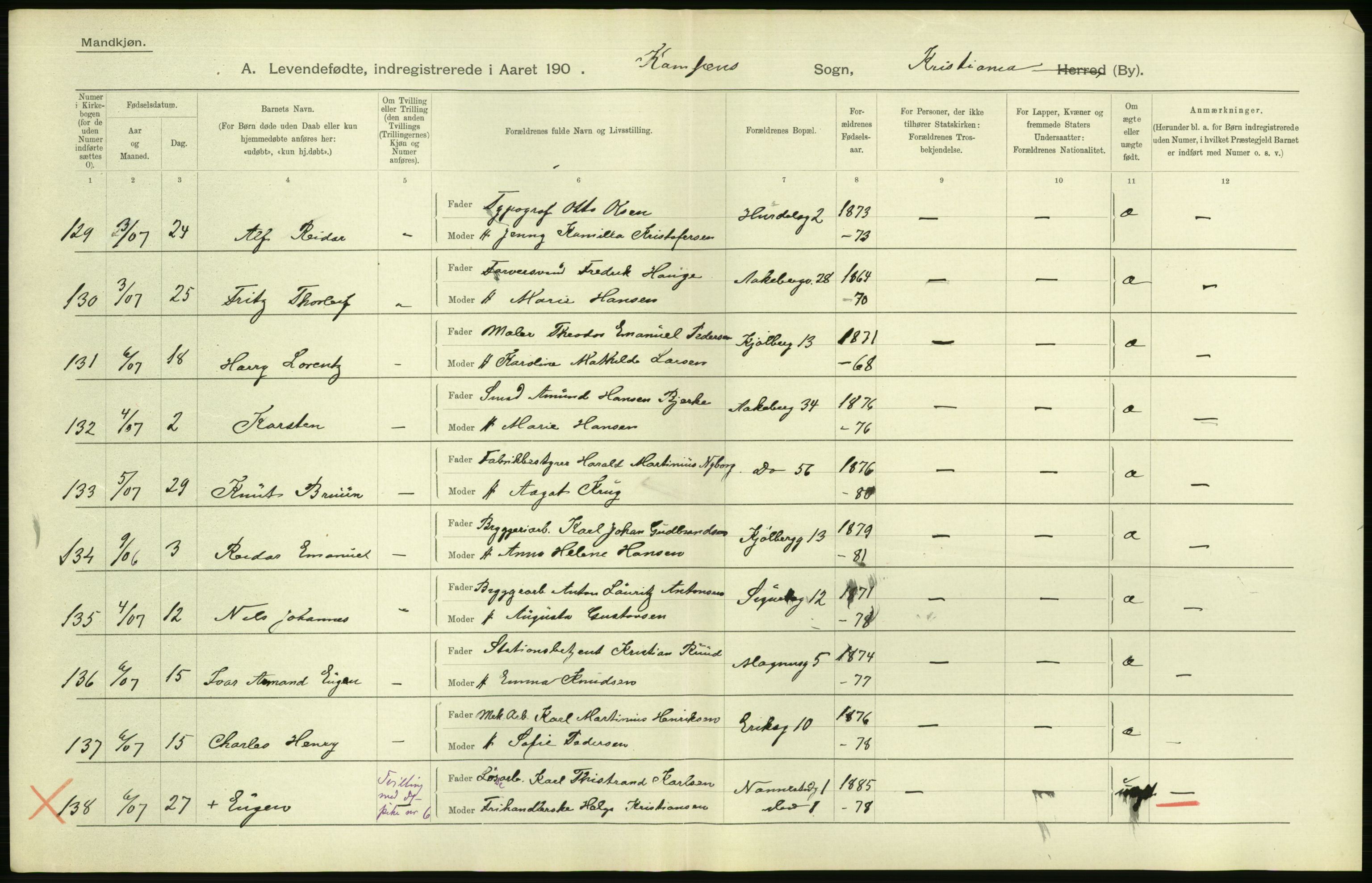 Statistisk sentralbyrå, Sosiodemografiske emner, Befolkning, AV/RA-S-2228/D/Df/Dfa/Dfae/L0007: Kristiania: Levendefødte menn og kvinner., 1907, p. 452