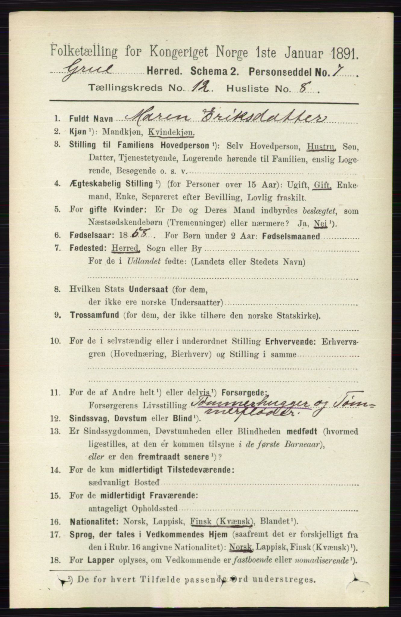 RA, 1891 census for 0423 Grue, 1891, p. 6164