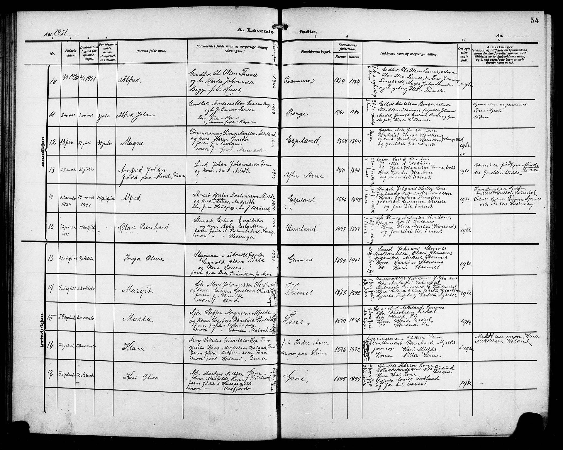 Arna Sokneprestembete, AV/SAB-A-74001/H/Ha/Hab: Parish register (copy) no. A 5, 1911-1921, p. 54