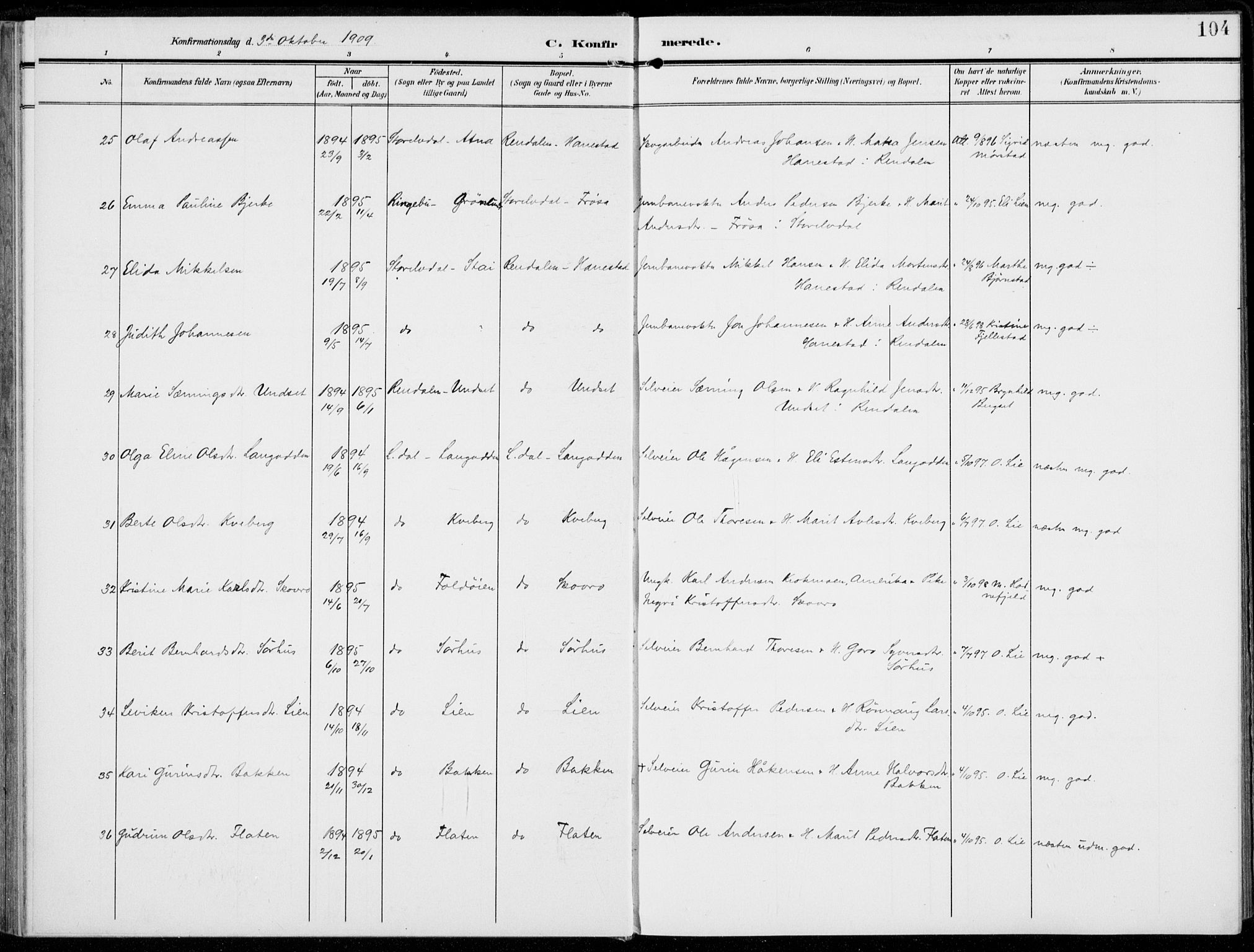 Alvdal prestekontor, AV/SAH-PREST-060/H/Ha/Haa/L0004: Parish register (official) no. 4, 1907-1919, p. 104