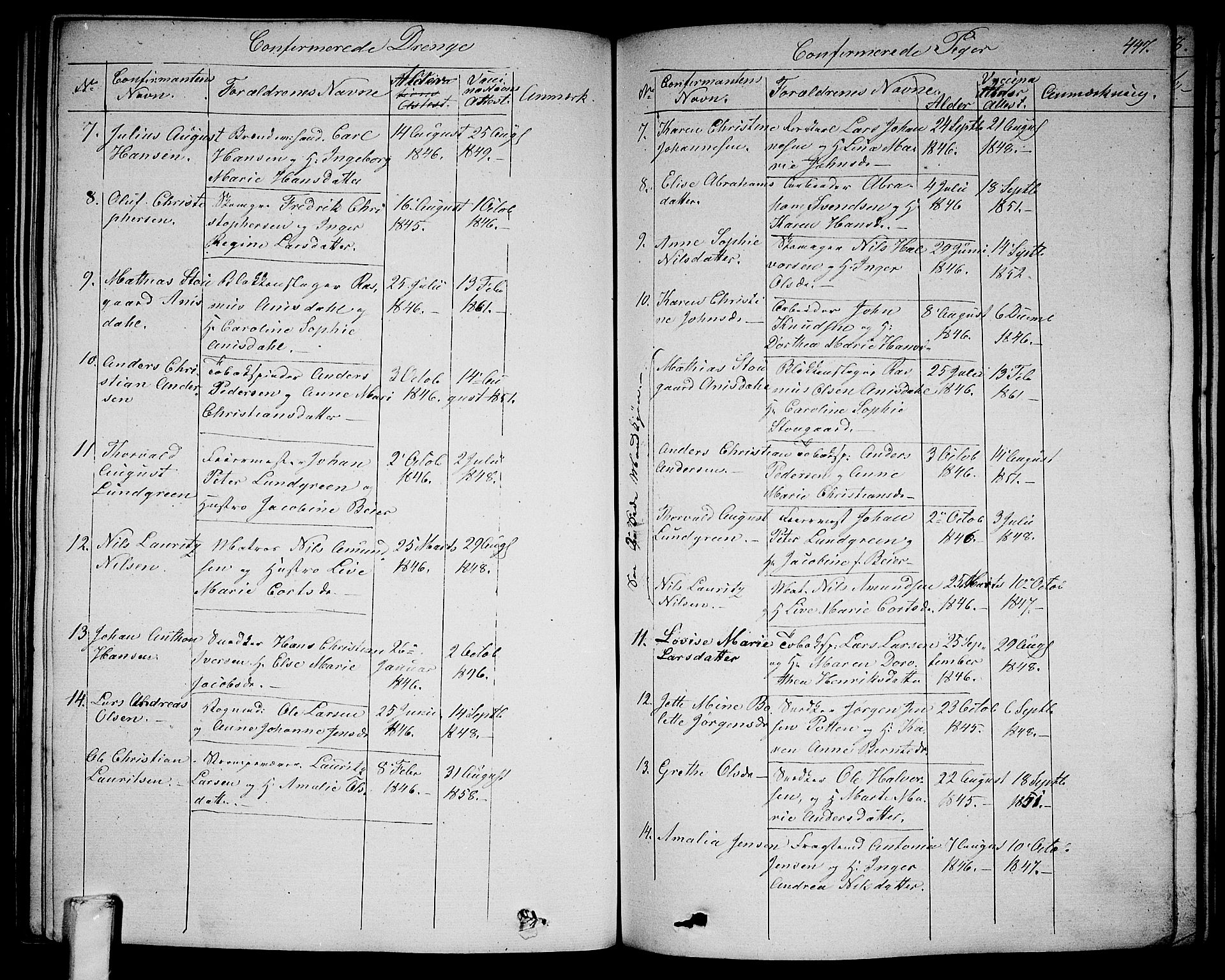 Larvik kirkebøker, AV/SAKO-A-352/G/Ga/L0003b: Parish register (copy) no. I 3B, 1830-1870, p. 447