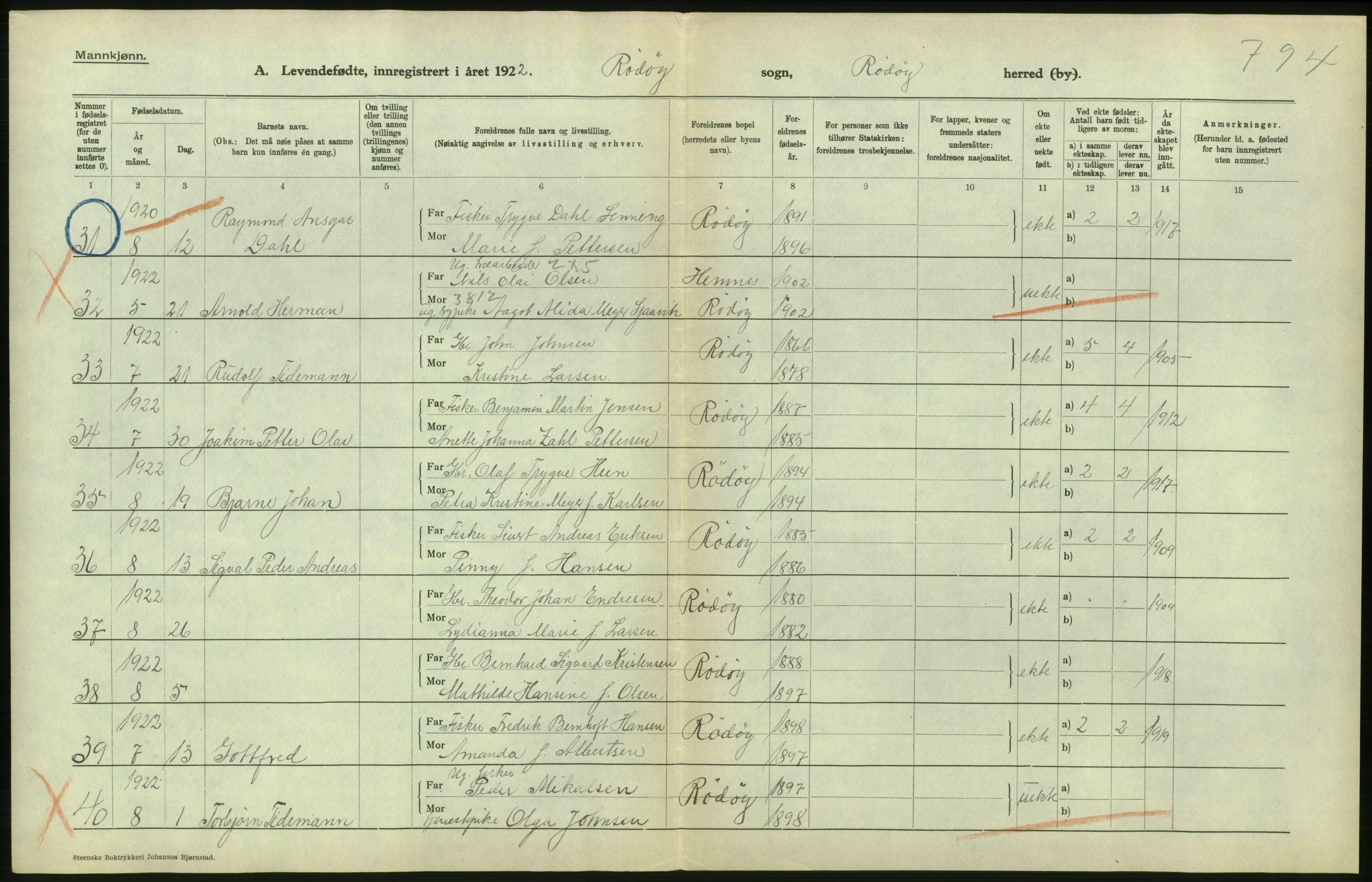 Statistisk sentralbyrå, Sosiodemografiske emner, Befolkning, AV/RA-S-2228/D/Df/Dfc/Dfcb/L0044: Nordland fylke: Levendefødte menn og kvinner. Bygder og byer., 1922, p. 322