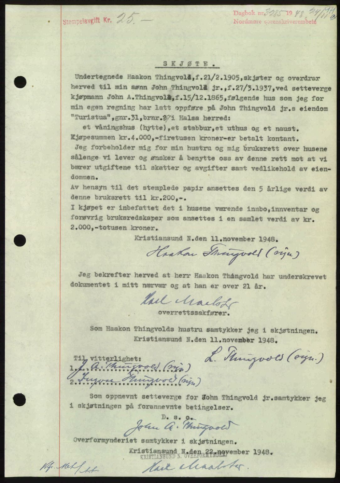 Nordmøre sorenskriveri, AV/SAT-A-4132/1/2/2Ca: Mortgage book no. A109, 1948-1948, Diary no: : 3285/1948