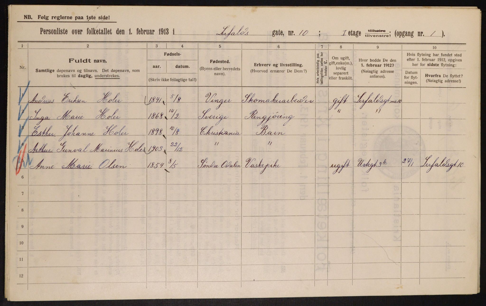 OBA, Municipal Census 1913 for Kristiania, 1913, p. 57018