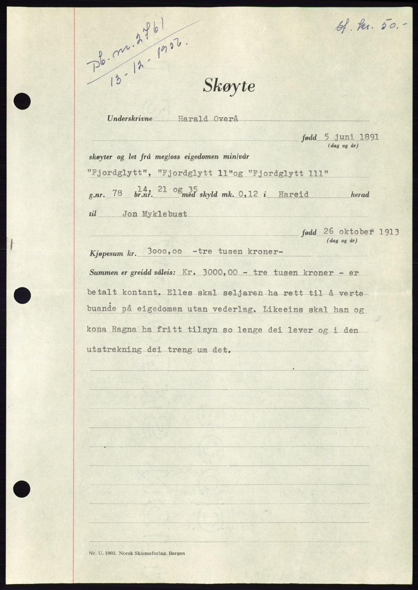 Søre Sunnmøre sorenskriveri, AV/SAT-A-4122/1/2/2C/L0105: Mortgage book no. 31A, 1956-1957, Diary no: : 2761/1956