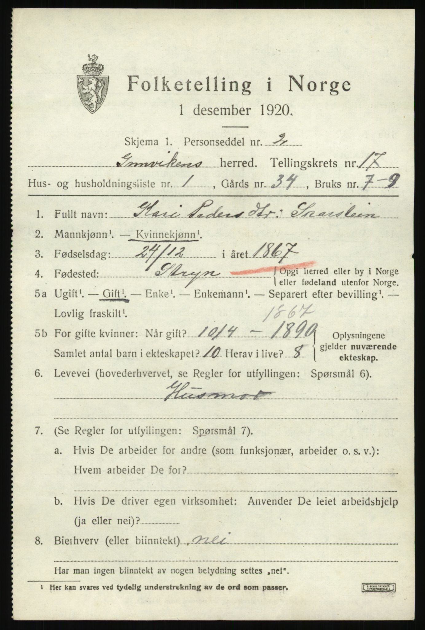 SAB, 1920 census for Innvik, 1920, p. 6767