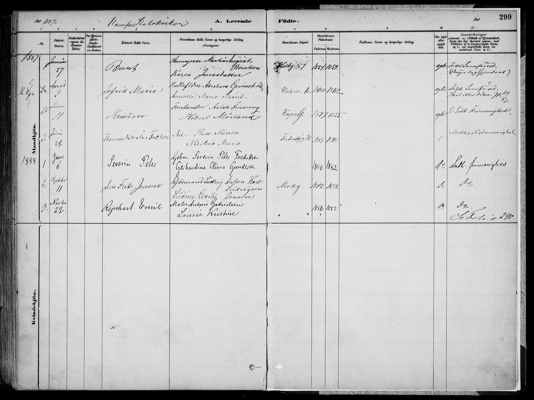 Kristiansand domprosti, AV/SAK-1112-0006/F/Fa/L0016: Parish register (official) no. A 16A, 1880-1890, p. 299