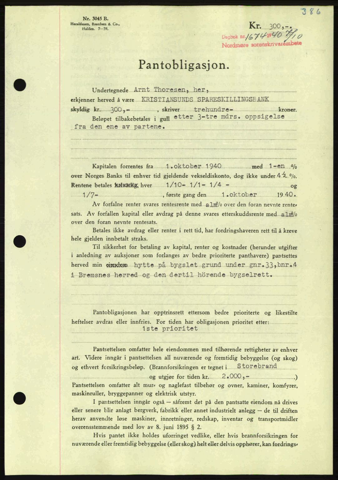 Nordmøre sorenskriveri, AV/SAT-A-4132/1/2/2Ca: Mortgage book no. B87, 1940-1941, Diary no: : 1674/1940