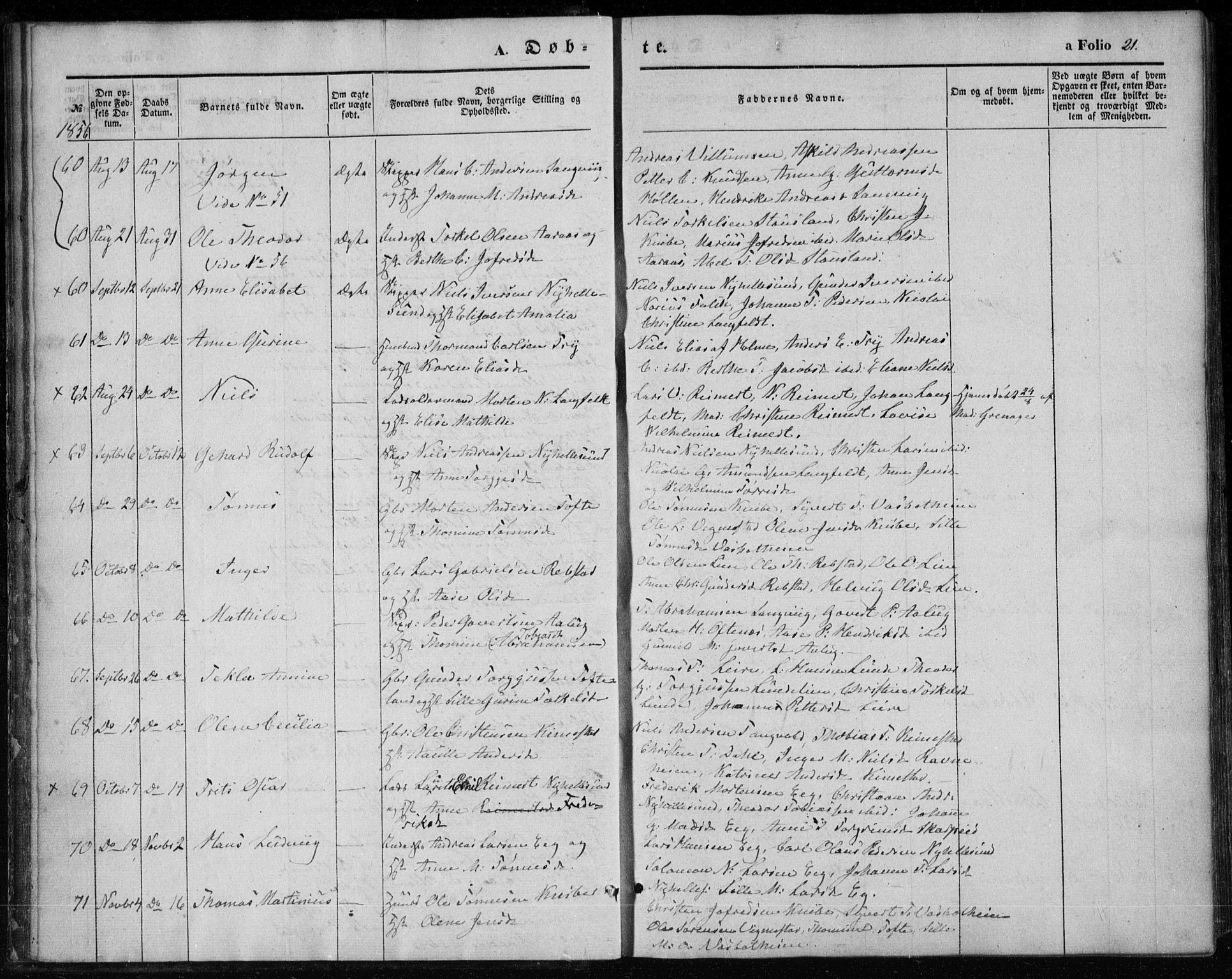 Søgne sokneprestkontor, SAK/1111-0037/F/Fa/Fab/L0010: Parish register (official) no. A 10, 1853-1869, p. 21