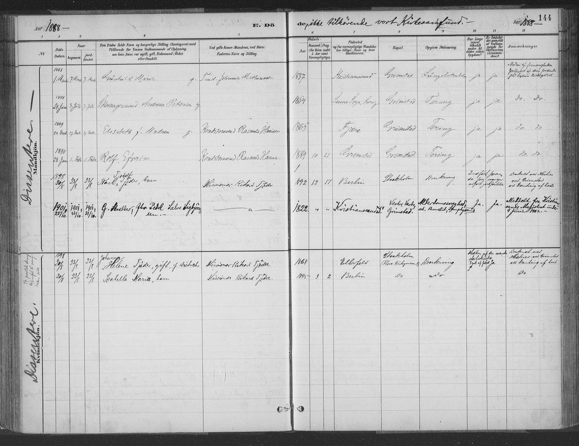 Grimstad sokneprestkontor, SAK/1111-0017/F/Fa/L0004: Parish register (official) no. A 3, 1882-1910, p. 144