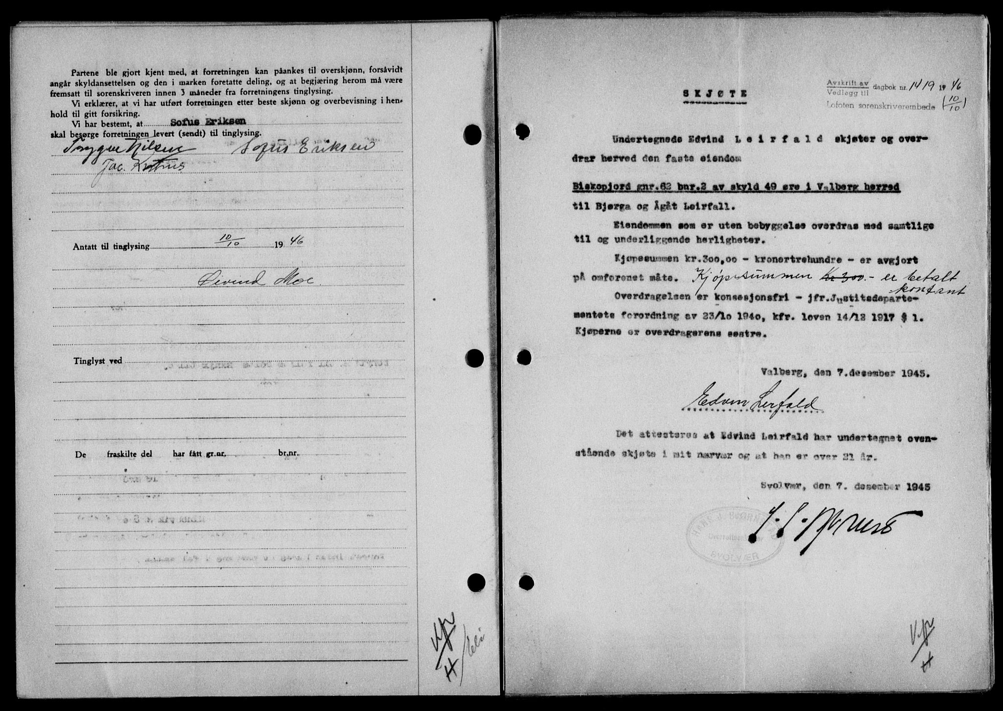 Lofoten sorenskriveri, SAT/A-0017/1/2/2C/L0014a: Mortgage book no. 14a, 1946-1946, Diary no: : 1419/1946