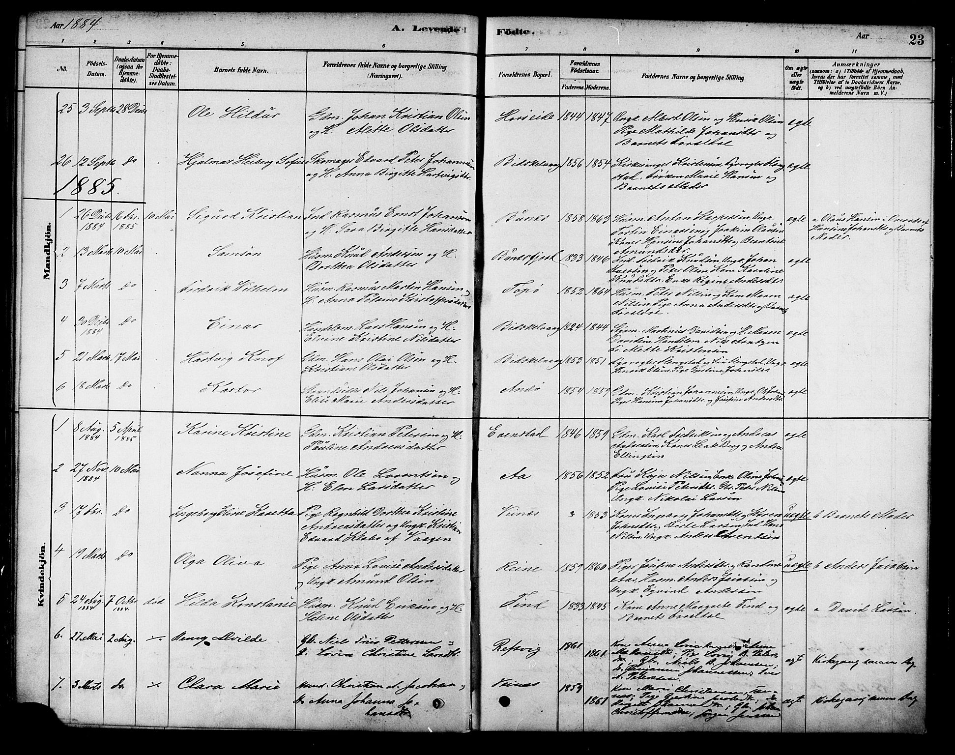 Ministerialprotokoller, klokkerbøker og fødselsregistre - Nordland, SAT/A-1459/886/L1219: Parish register (official) no. 886A01, 1878-1892, p. 23