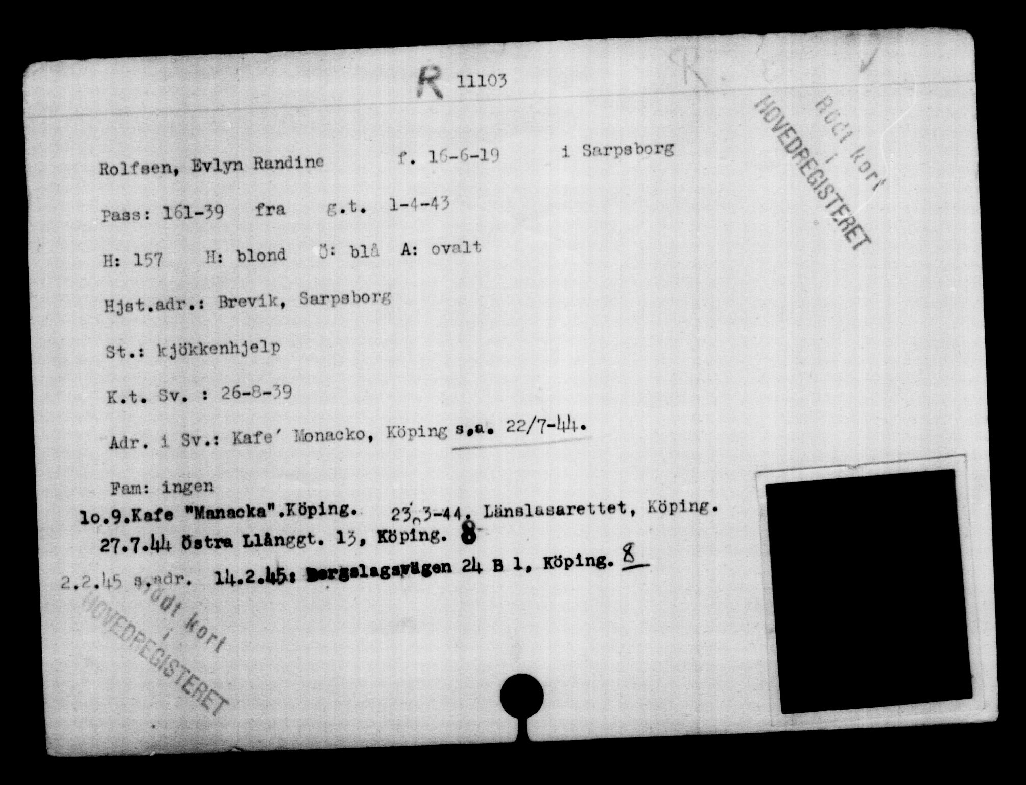 Den Kgl. Norske Legasjons Flyktningskontor, RA/S-6753/V/Va/L0006: Kjesäterkartoteket.  Flyktningenr. 9400-12711, 1940-1945, p. 1930