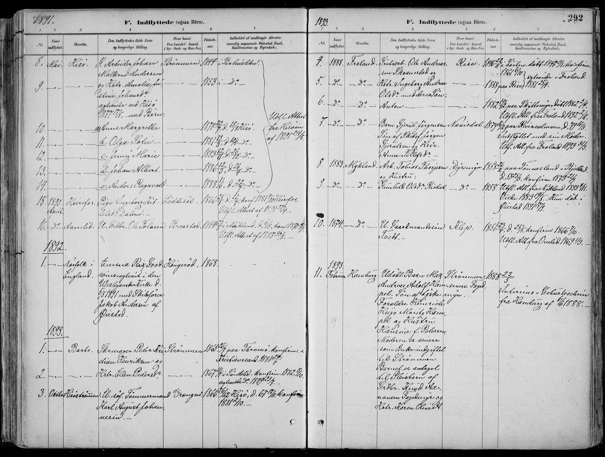 Øyestad sokneprestkontor, SAK/1111-0049/F/Fa/L0017: Parish register (official) no. A 17, 1887-1896, p. 292