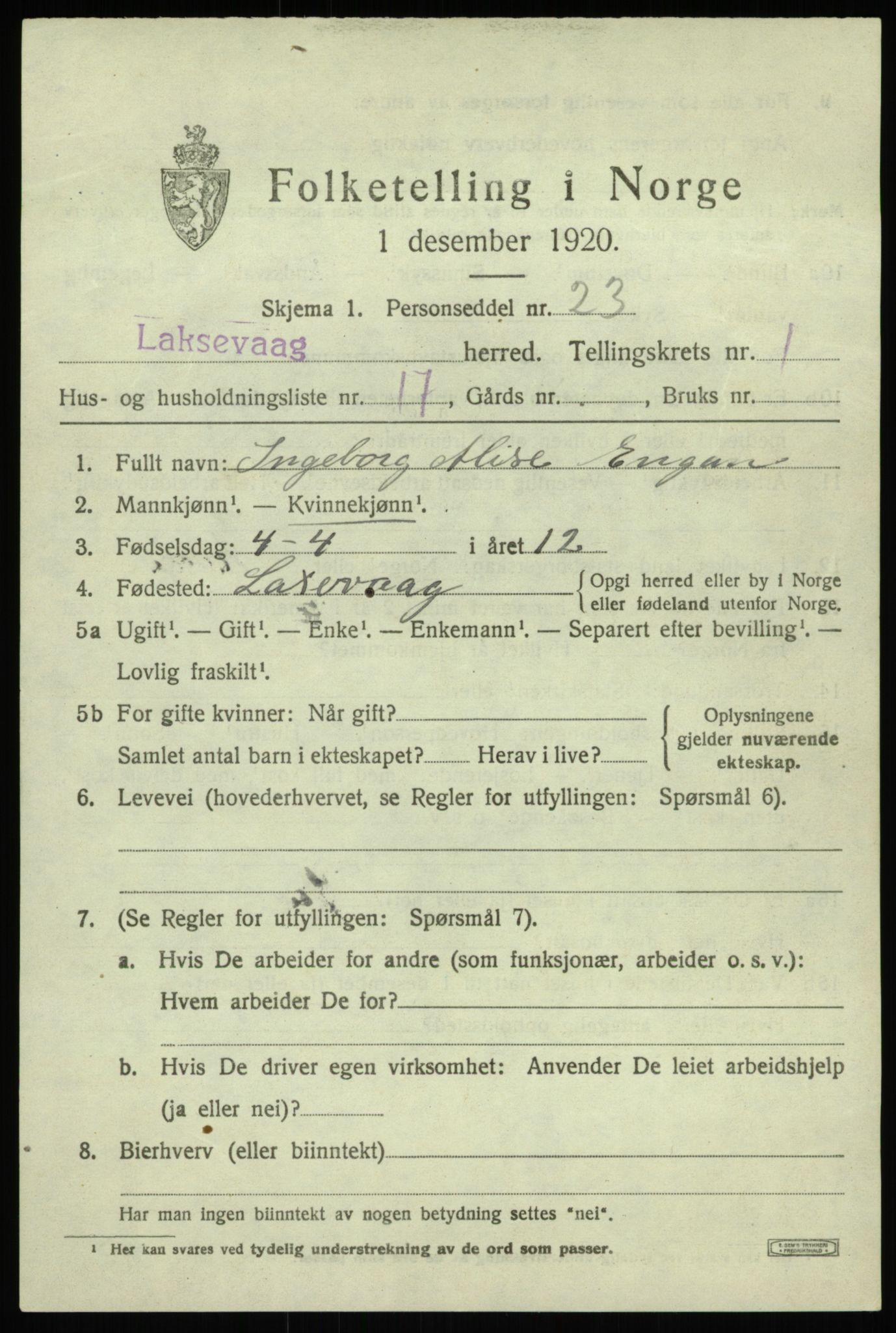 SAB, 1920 census for Laksevåg, 1920, p. 2450