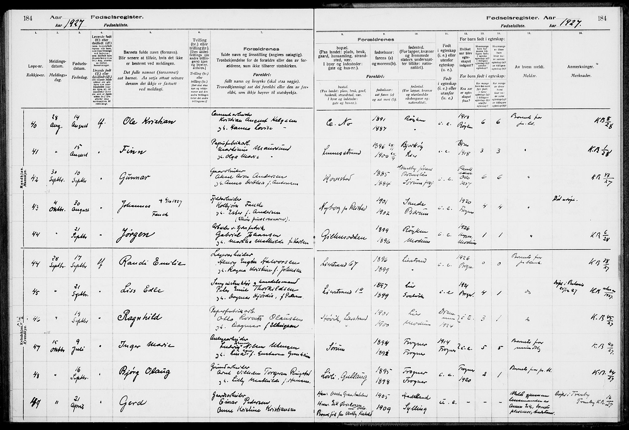 Lier kirkebøker, AV/SAKO-A-230/J/Ja/L0001: Birth register no. 1, 1916-1928, p. 184