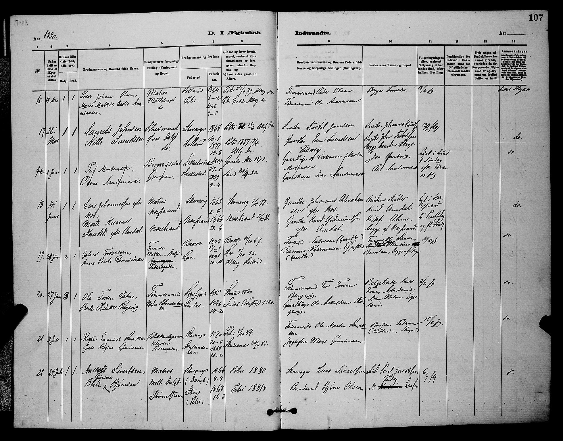 St. Johannes sokneprestkontor, AV/SAST-A-101814/001/30/30BB/L0001: Parish register (copy) no. B 1, 1885-1897, p. 107