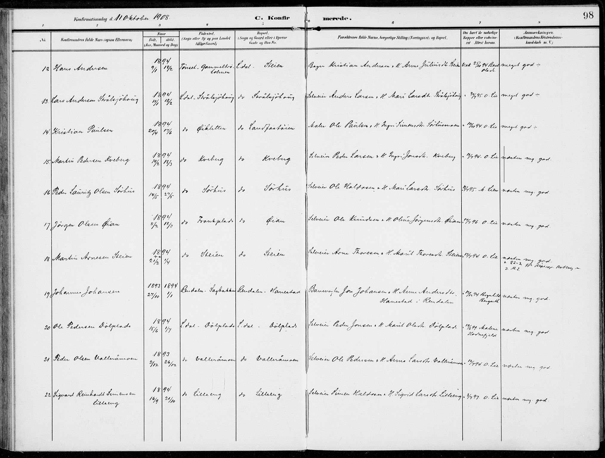 Alvdal prestekontor, AV/SAH-PREST-060/H/Ha/Haa/L0004: Parish register (official) no. 4, 1907-1919, p. 98