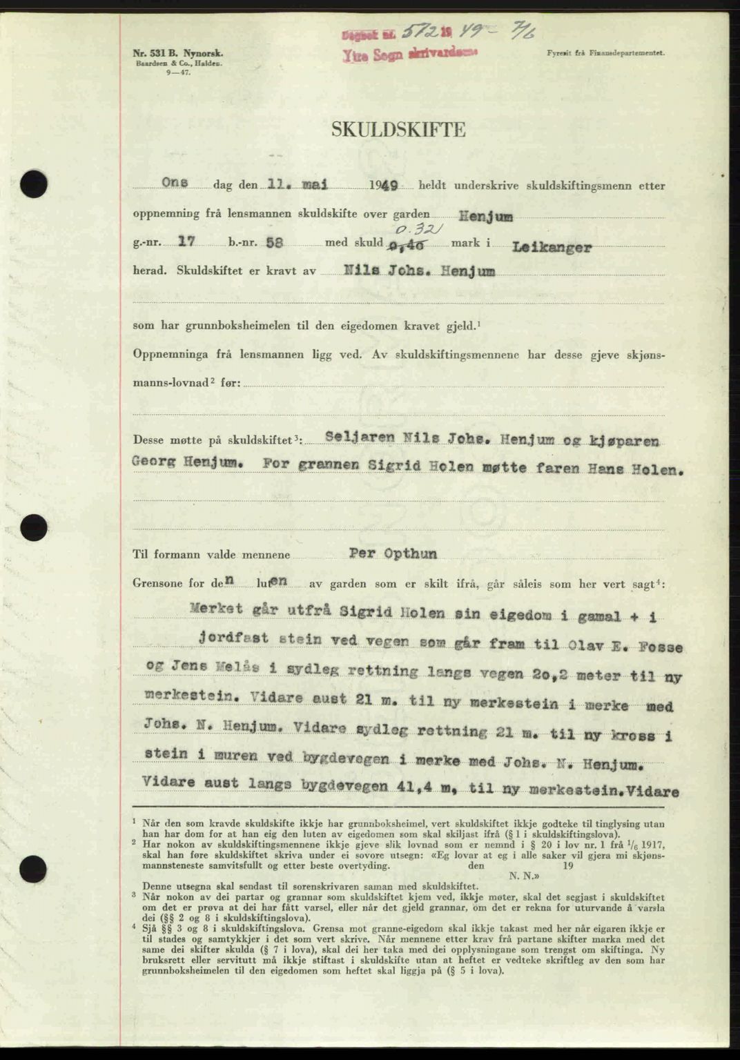 Ytre Sogn tingrett, AV/SAB-A-2601/1/G/Gbb/L0007: Mortgage book no. A4 - A5 (B3), 1949-1949, Diary no: : 572/1949