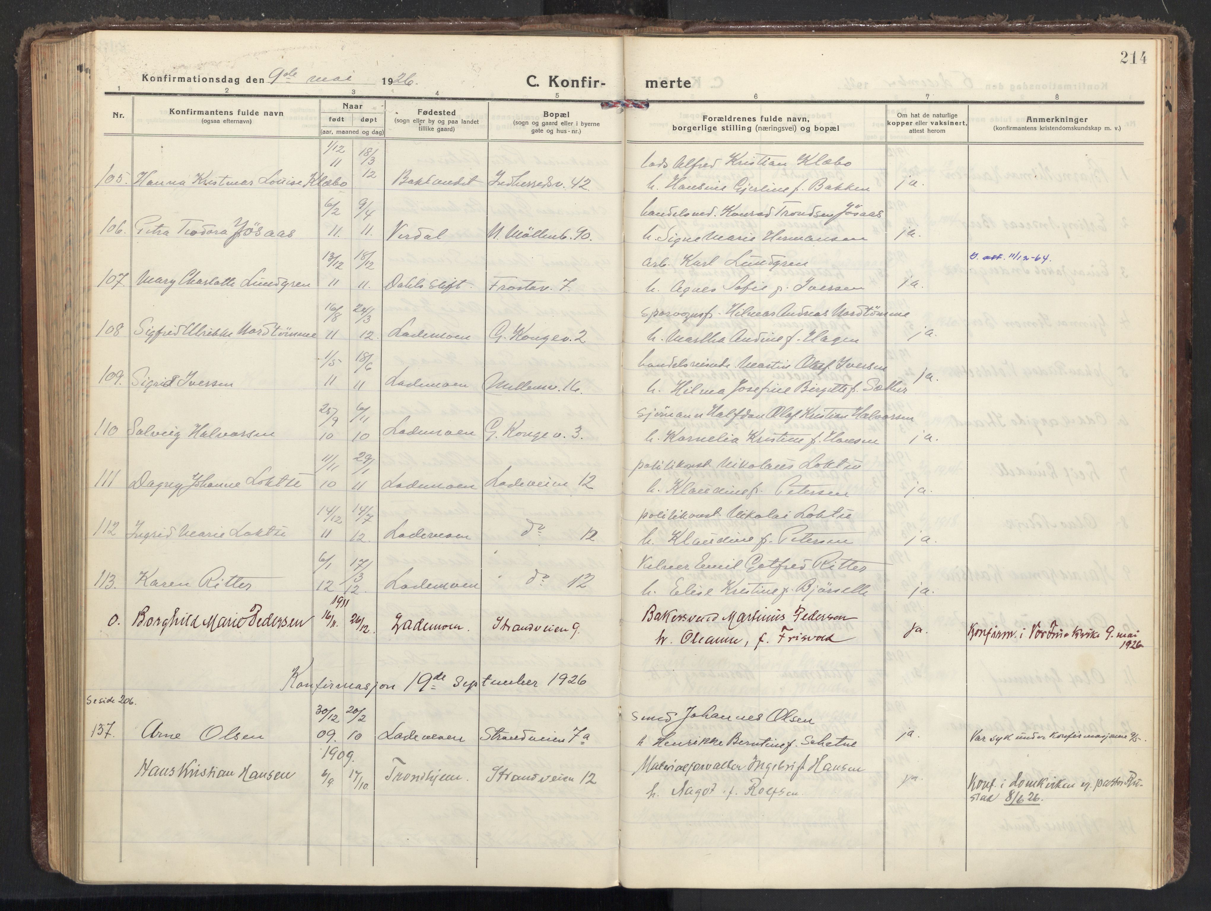 Ministerialprotokoller, klokkerbøker og fødselsregistre - Sør-Trøndelag, AV/SAT-A-1456/605/L0247: Parish register (official) no. 605A09, 1918-1930, p. 214