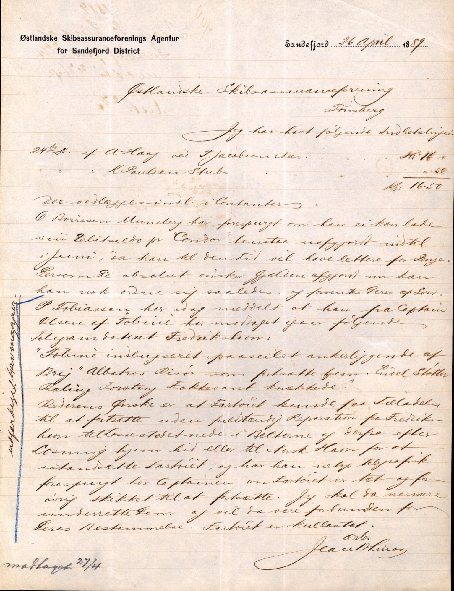 Pa 63 - Østlandske skibsassuranceforening, VEMU/A-1079/G/Ga/L0023/0008: Havaridokumenter / Immanuel, Wilhelm, Tobine, Diaz, Esmeralda, Tjømø, 1889, p. 43