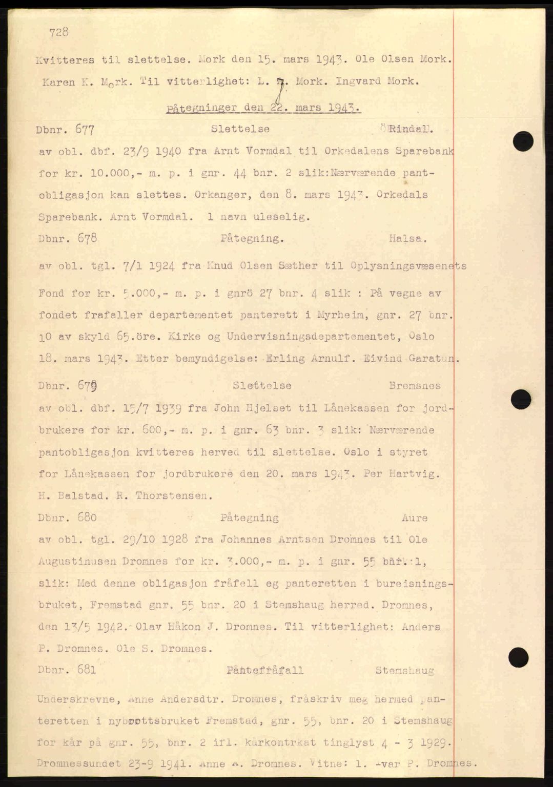 Nordmøre sorenskriveri, AV/SAT-A-4132/1/2/2Ca: Mortgage book no. C81, 1940-1945, Diary no: : 677/1943