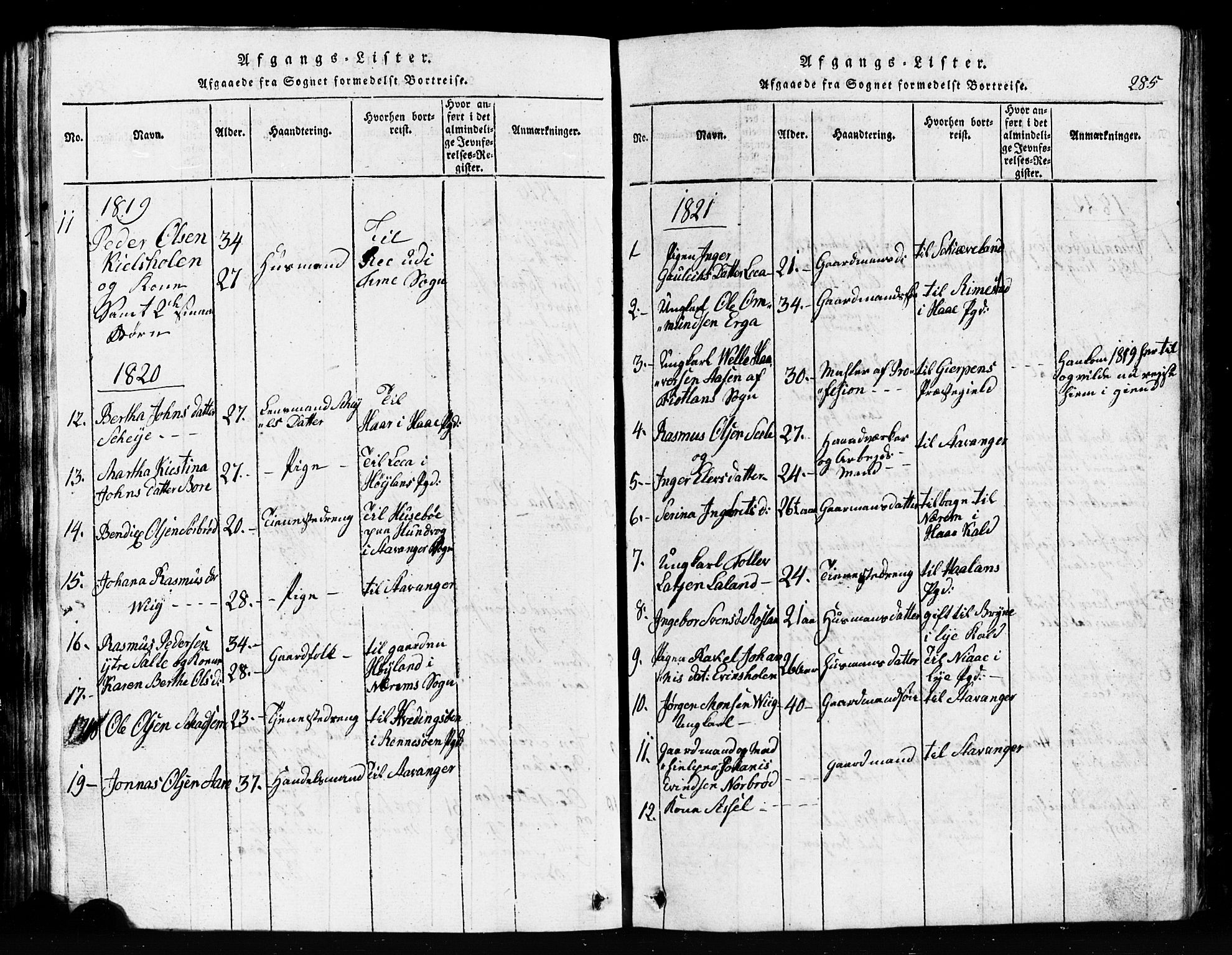 Klepp sokneprestkontor, SAST/A-101803/001/3/30BB/L0001: Parish register (copy) no.  B 1, 1816-1859, p. 285
