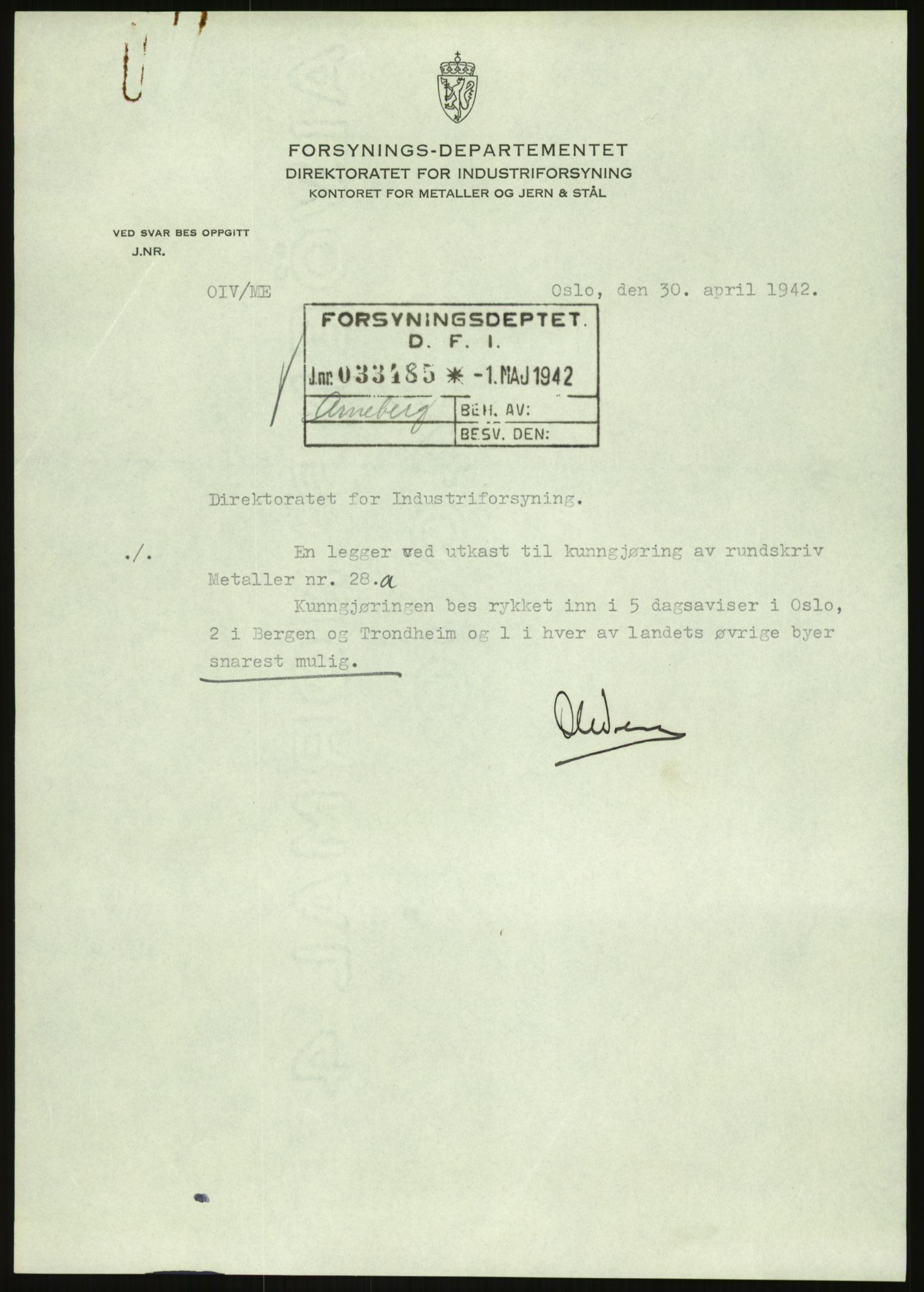Direktoratet for industriforsyning, Sekretariatet, AV/RA-S-4153/D/Df/L0054: 9. Metallkontoret, 1940-1945, p. 1435