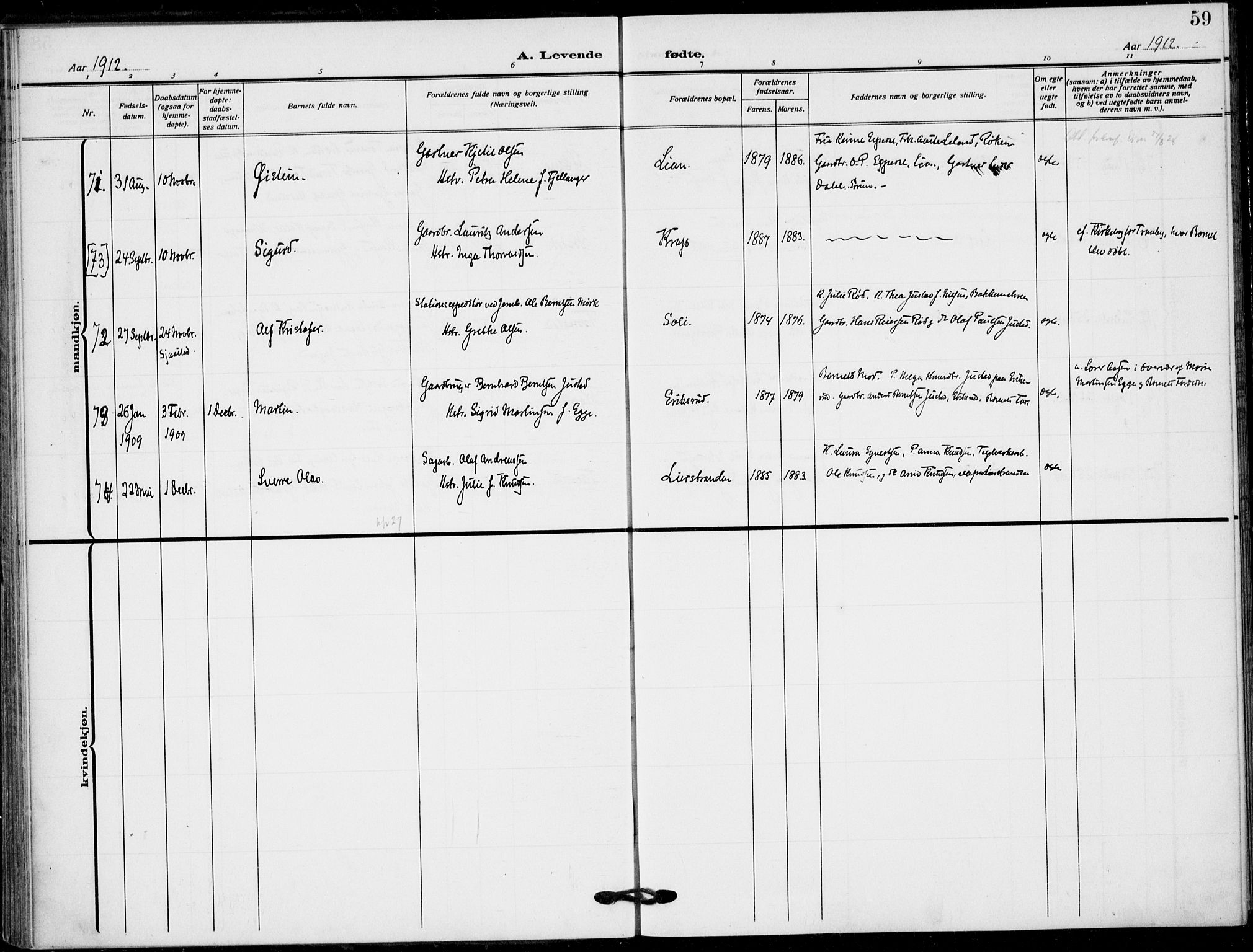 Lier kirkebøker, AV/SAKO-A-230/F/Fa/L0018: Parish register (official) no. I 18, 1909-1917, p. 59