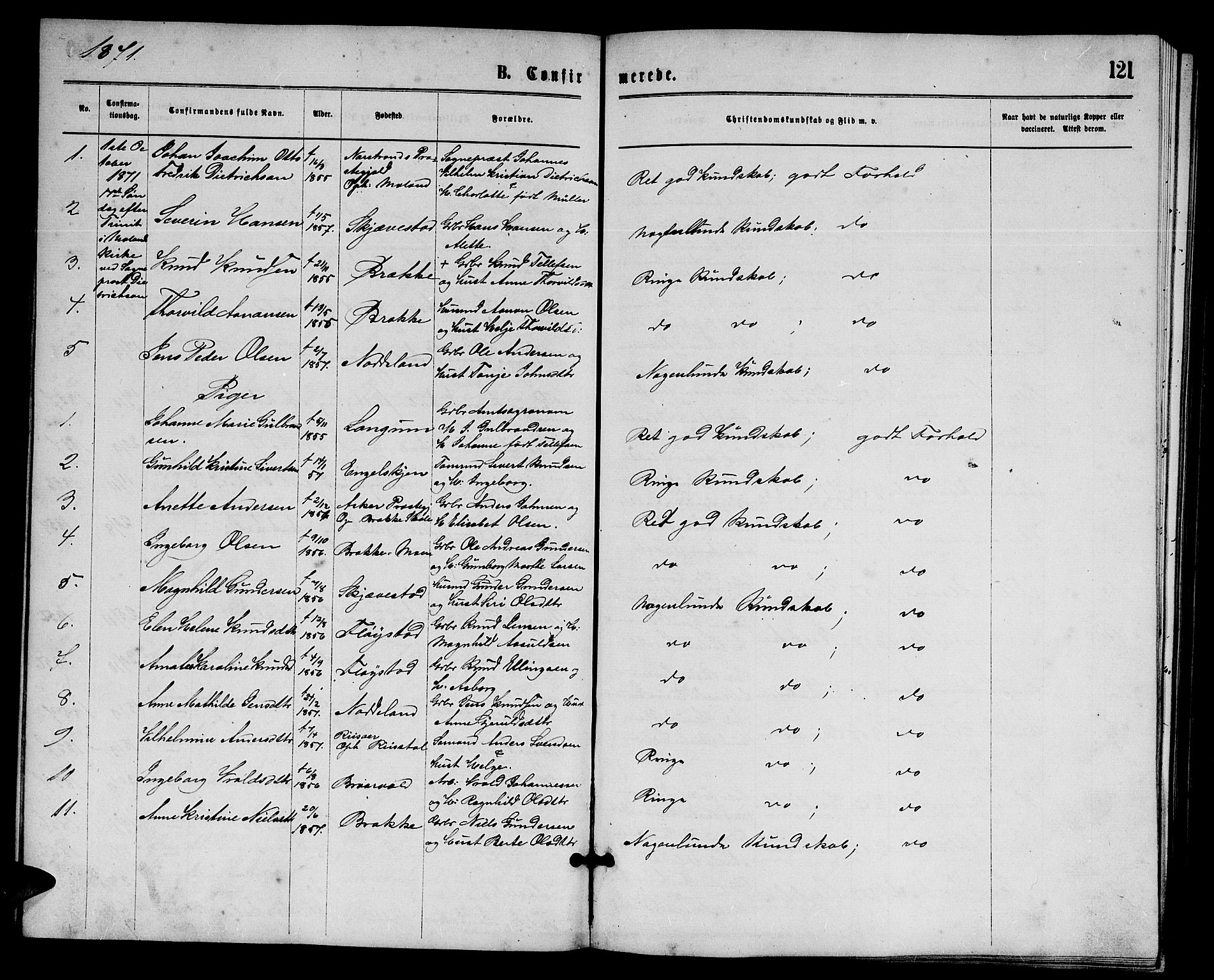 Austre Moland sokneprestkontor, AV/SAK-1111-0001/F/Fb/Fba/L0002: Parish register (copy) no. B 2, 1869-1879, p. 121