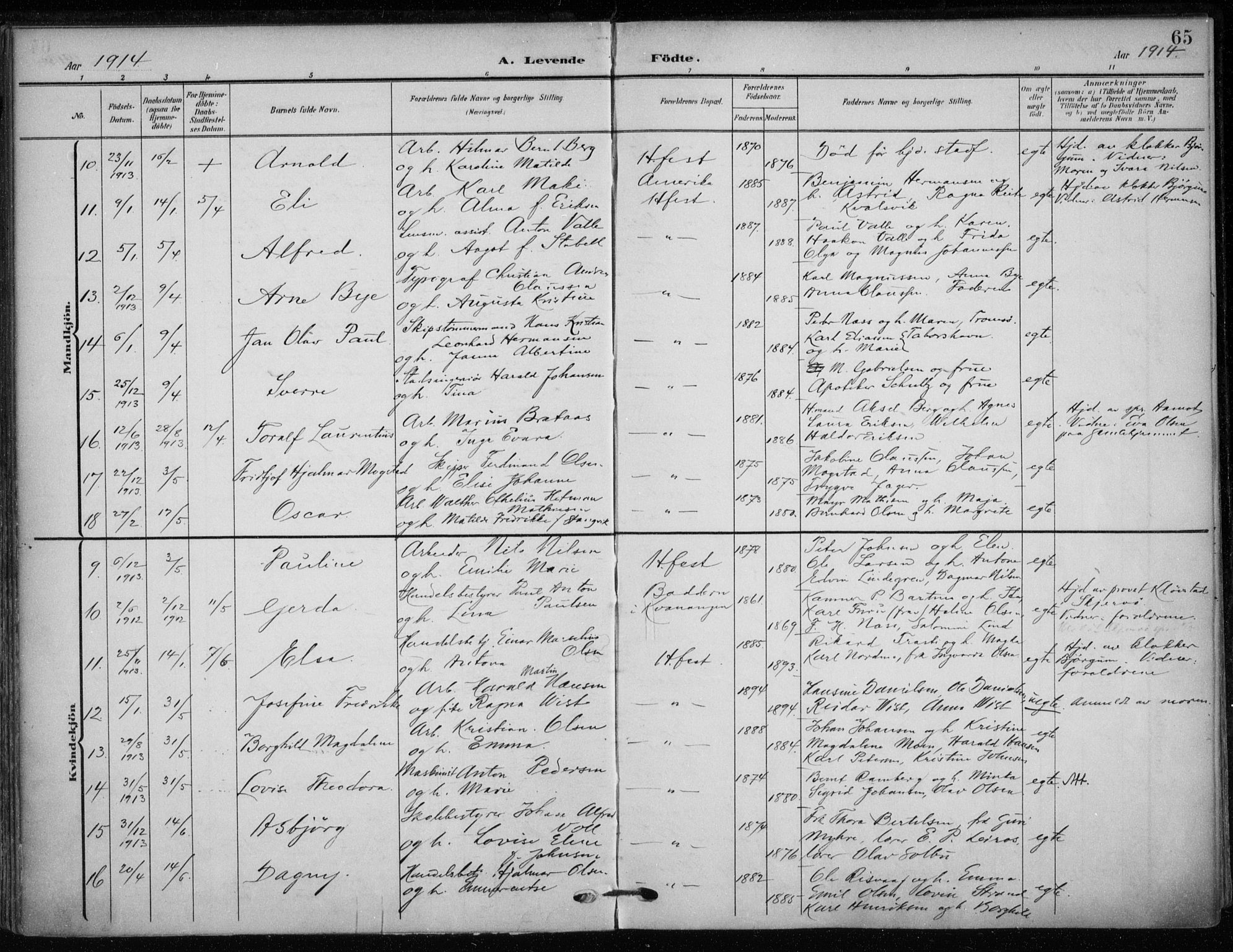 Hammerfest sokneprestkontor, SATØ/S-1347/H/Ha/L0014.kirke: Parish register (official) no. 14, 1906-1916, p. 65