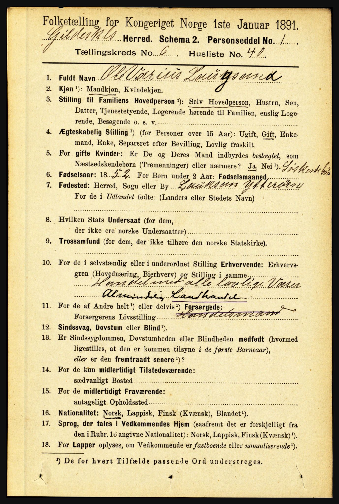 RA, 1891 census for 1838 Gildeskål, 1891, p. 2193