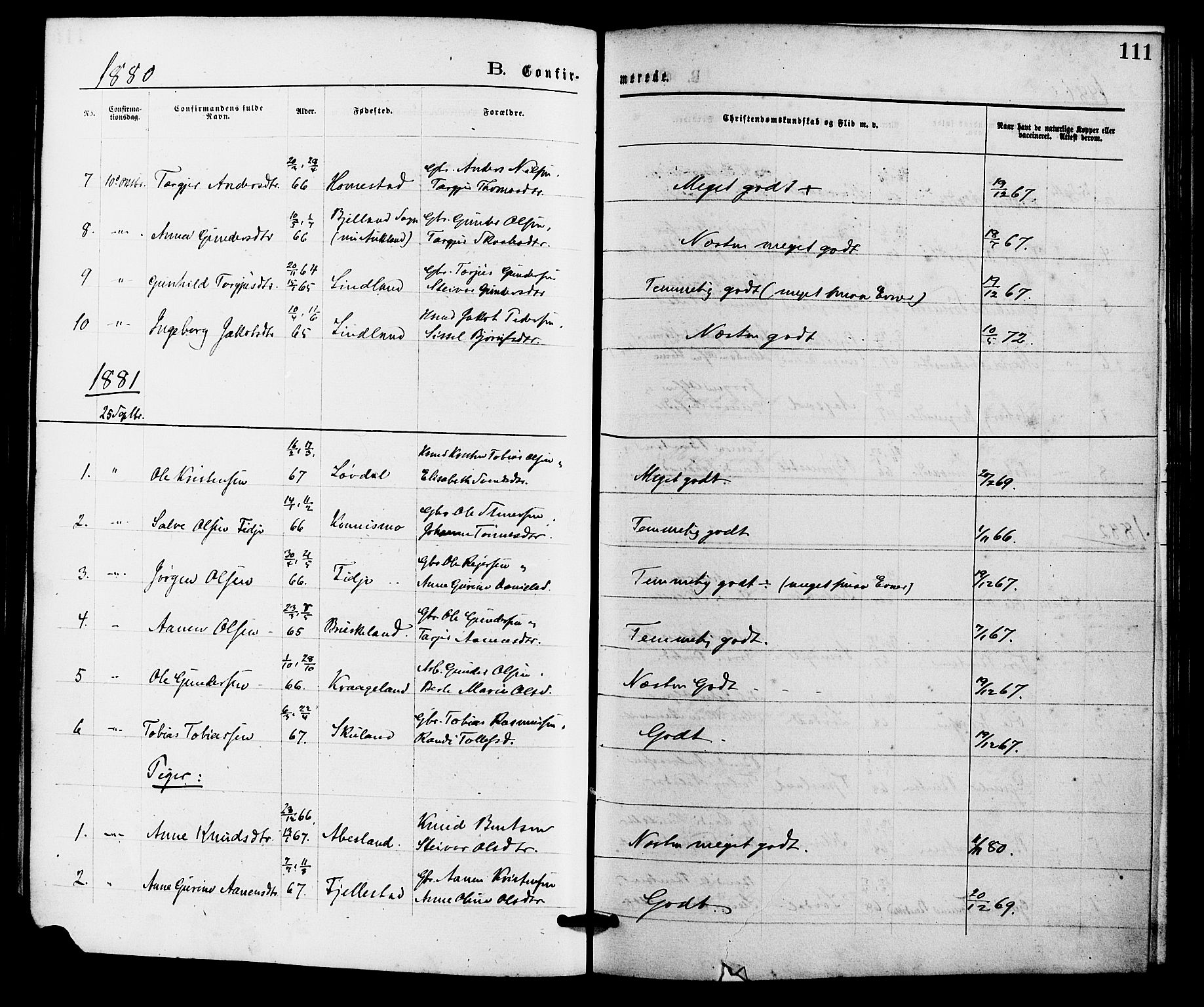 Holum sokneprestkontor, AV/SAK-1111-0022/F/Fa/Fab/L0006: Parish register (official) no. A 6, 1875-1886, p. 111