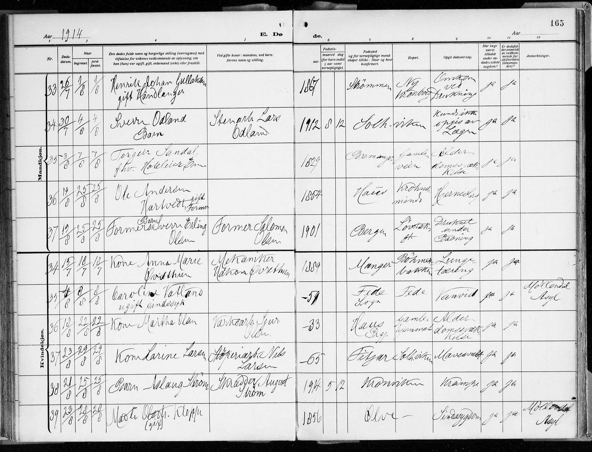 Årstad Sokneprestembete, AV/SAB-A-79301/H/Haa/L0003: Parish register (official) no. A 3, 1914-1919, p. 165