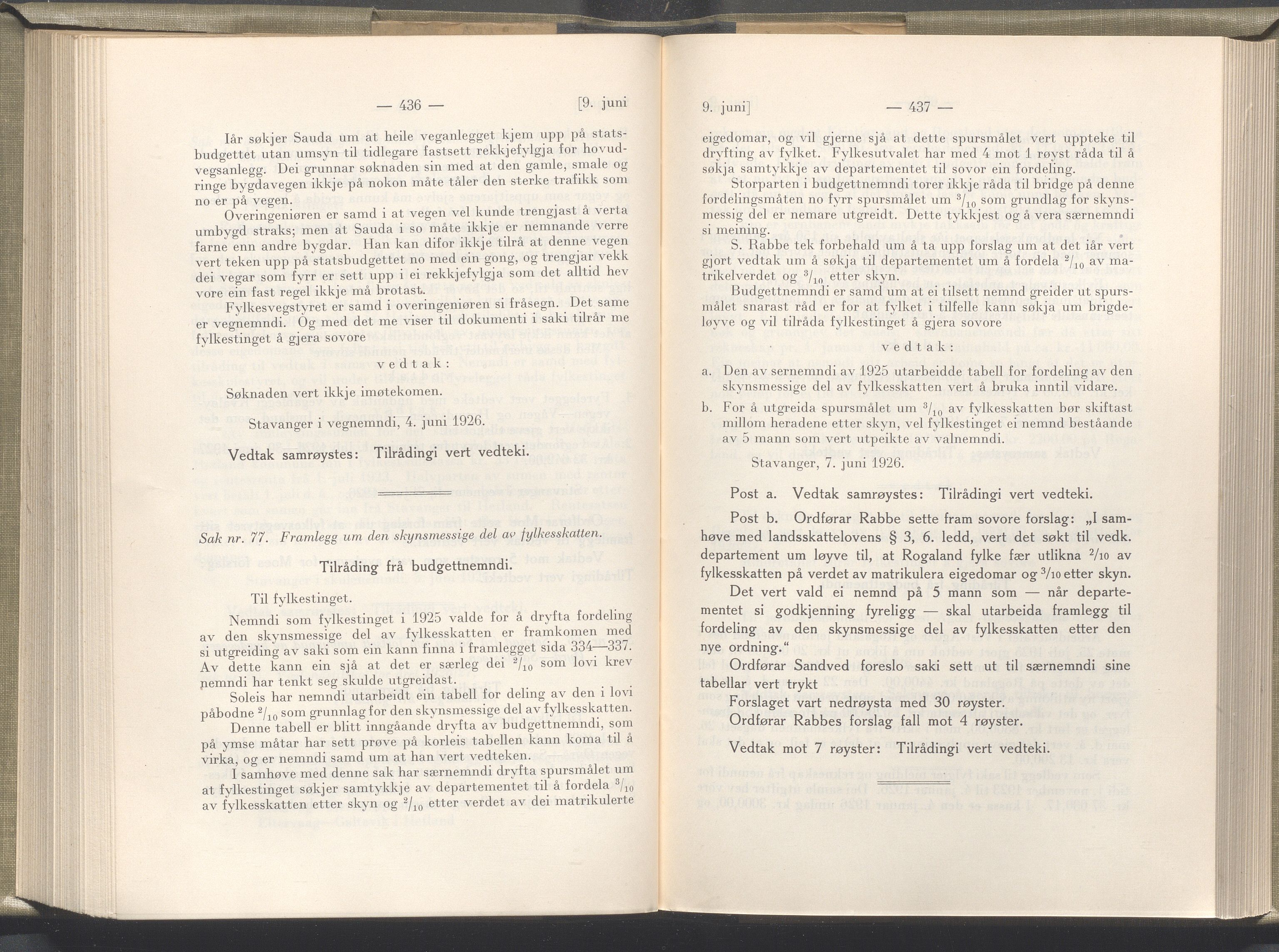 Rogaland fylkeskommune - Fylkesrådmannen , IKAR/A-900/A/Aa/Aaa/L0045: Møtebok , 1926, p. 436-437