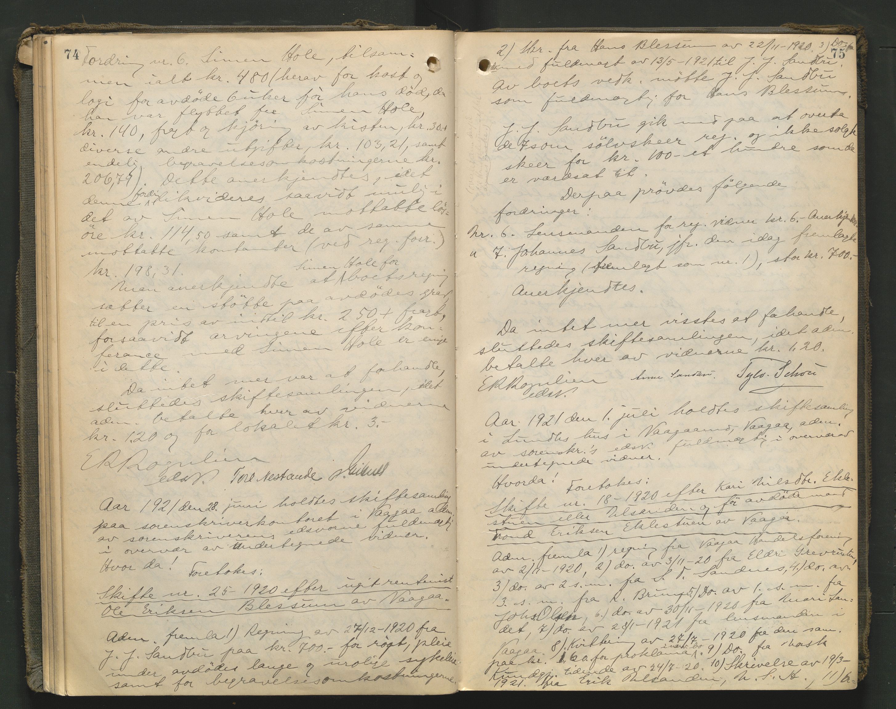 Nord-Gudbrandsdal tingrett, AV/SAH-TING-002/J/Jc/L0007: Skifteforhandlingsprotokoll, 1920-1926, p. 74-75