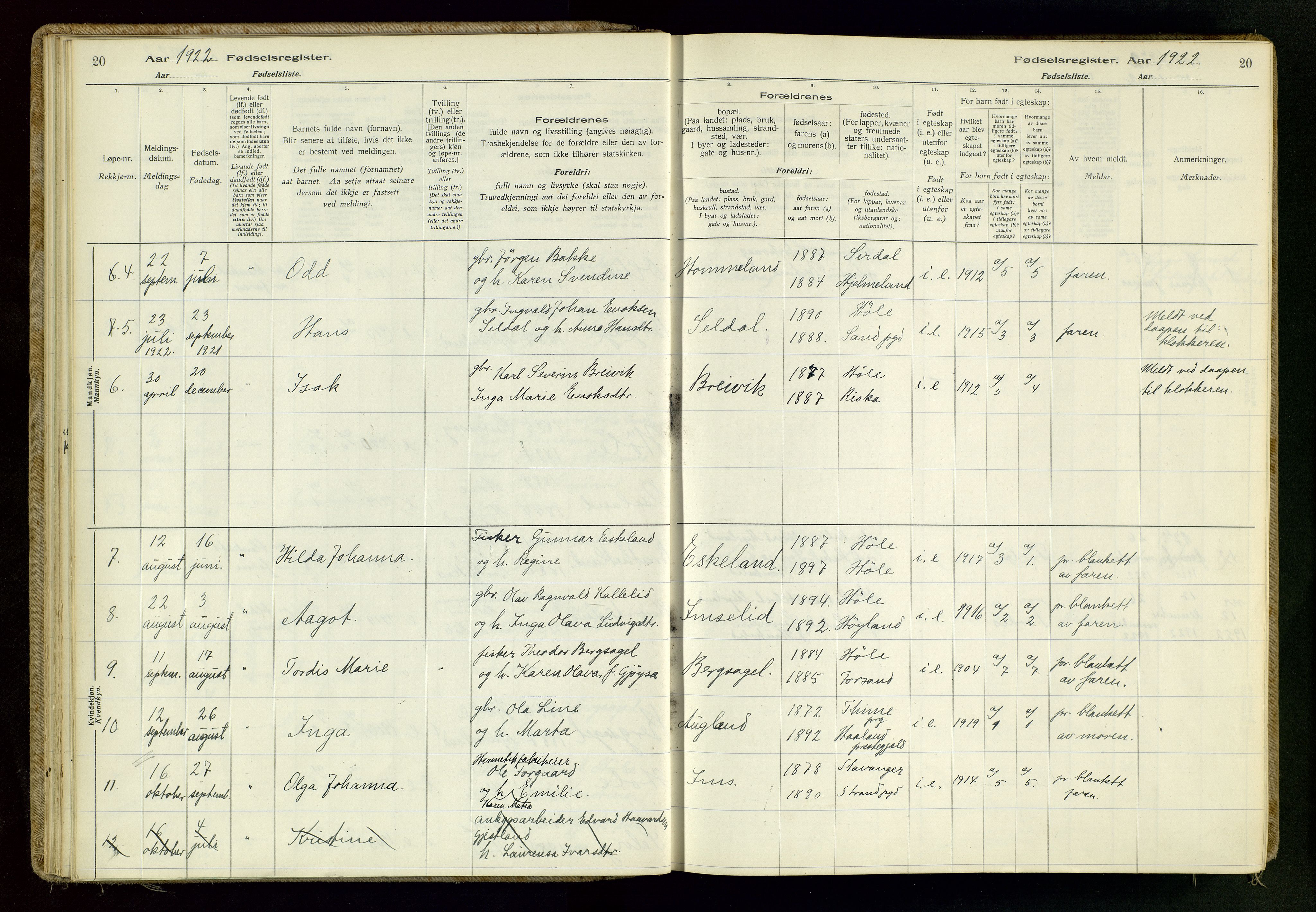 Høgsfjord sokneprestkontor, AV/SAST-A-101624/I/Id/L0001: Birth register no. 1, 1916-1982, p. 20