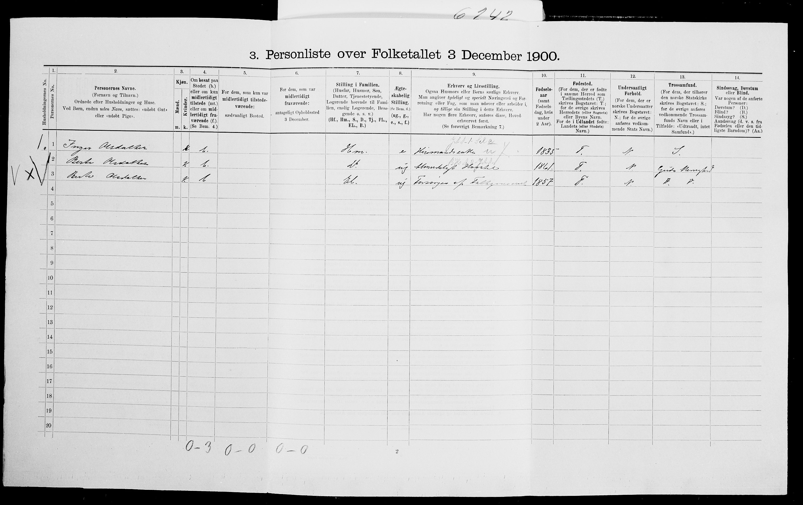 SAK, 1900 census for Vegårshei, 1900, p. 597