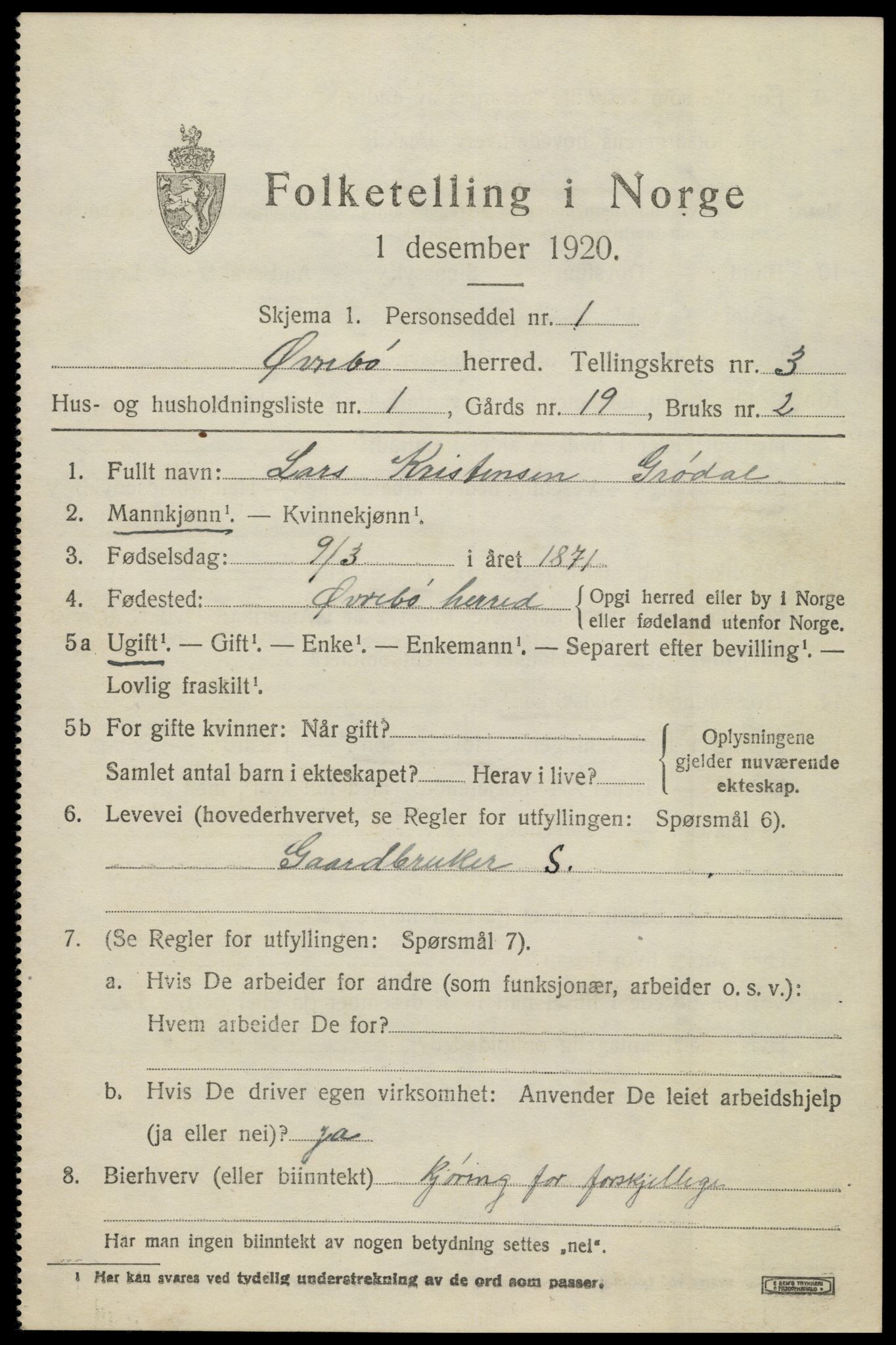 SAK, 1920 census for Øvrebø, 1920, p. 672